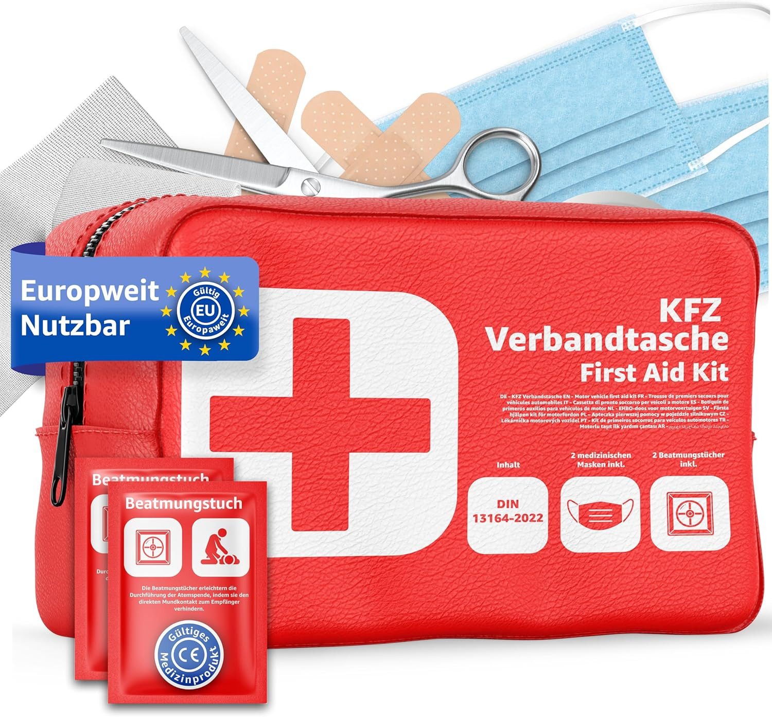 KFZ-Verbandtasche Verbandstasche Norm 2025 - KFZ mit Beatmungstücher - DIN13164:2022