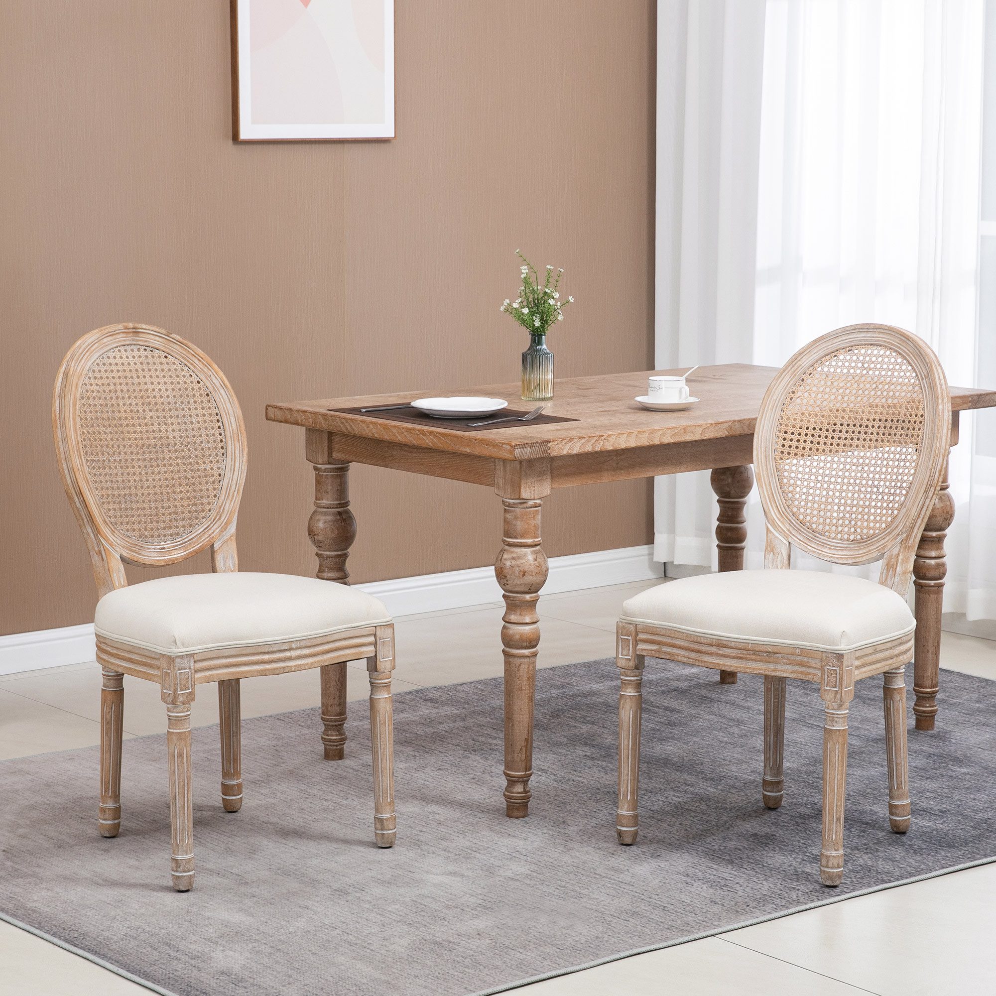 HOMCOM Esszimmerstuhl mit Rattan-Rückenlehne, Leinenoptik (Gepolsterter günstig online kaufen
