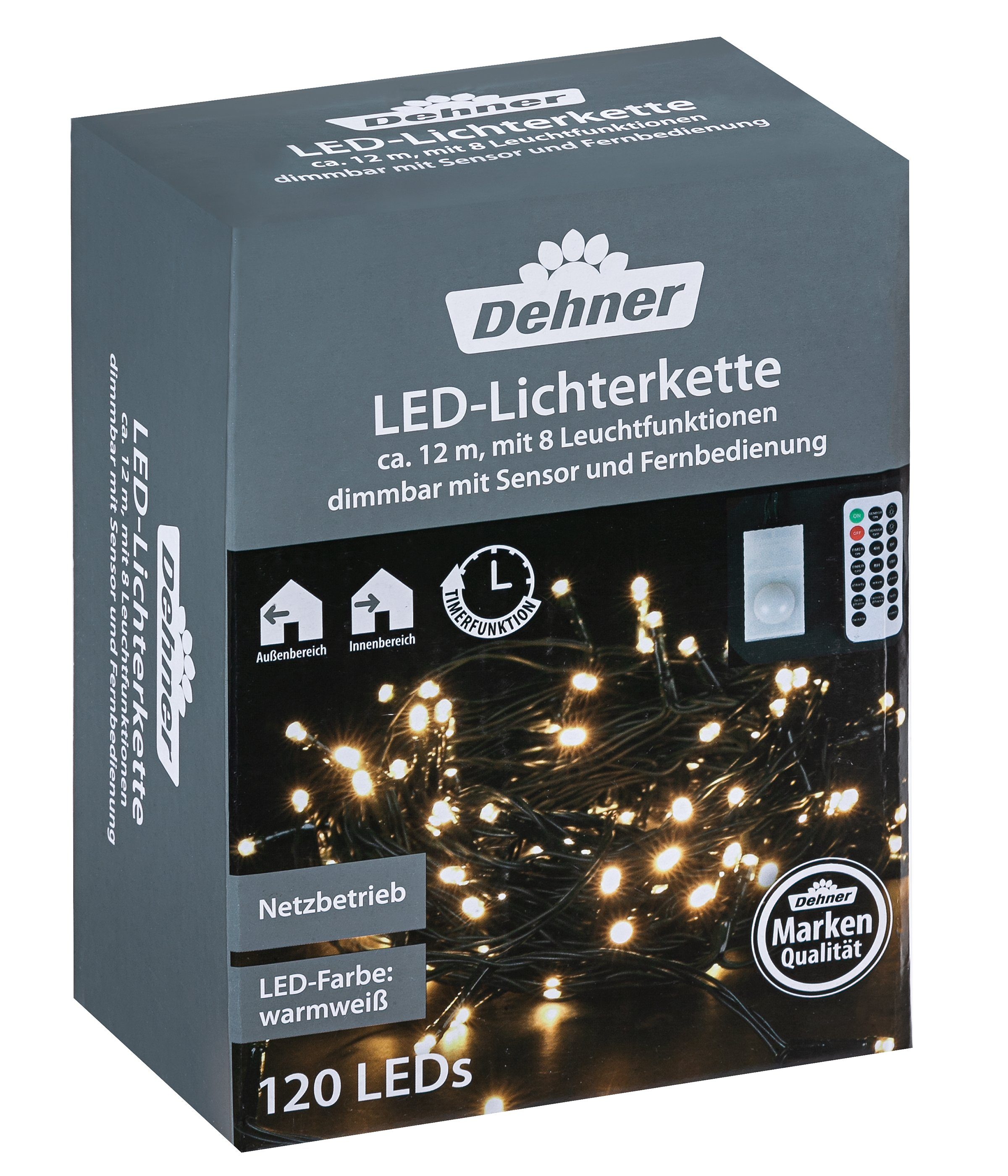 Dehner LED-Lichterkette LED-Lichterkette mit Sensor, 120 LEDs, Länge 12 m, wetterfest, dimmbar, Indoor/Outdoor, Timer, 8 Modi, Fernbedienung