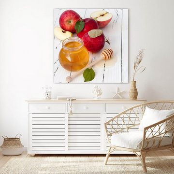 Primedeco Glasbild Wandbild Quadratisch Apfel und Honig auf Tisch mit Aufhängung, Früchte