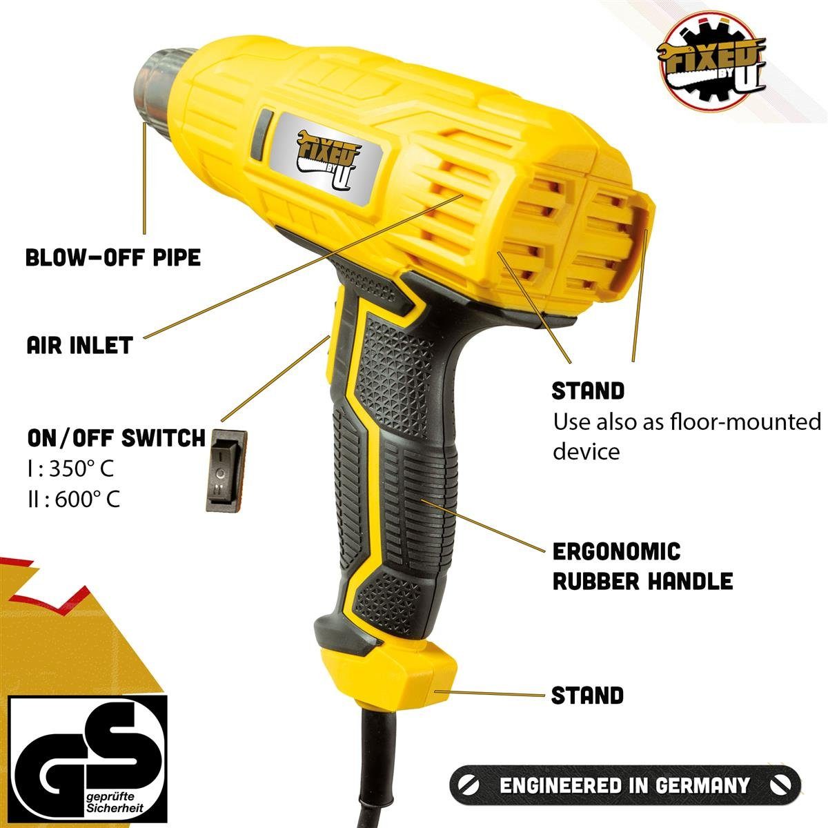 FixedByU Heißluftgebläse Heißluftpistole im Koffer, 2-Stufen 350/600° C, 2000 W, inkl. Düsen – Bild 4 von 5