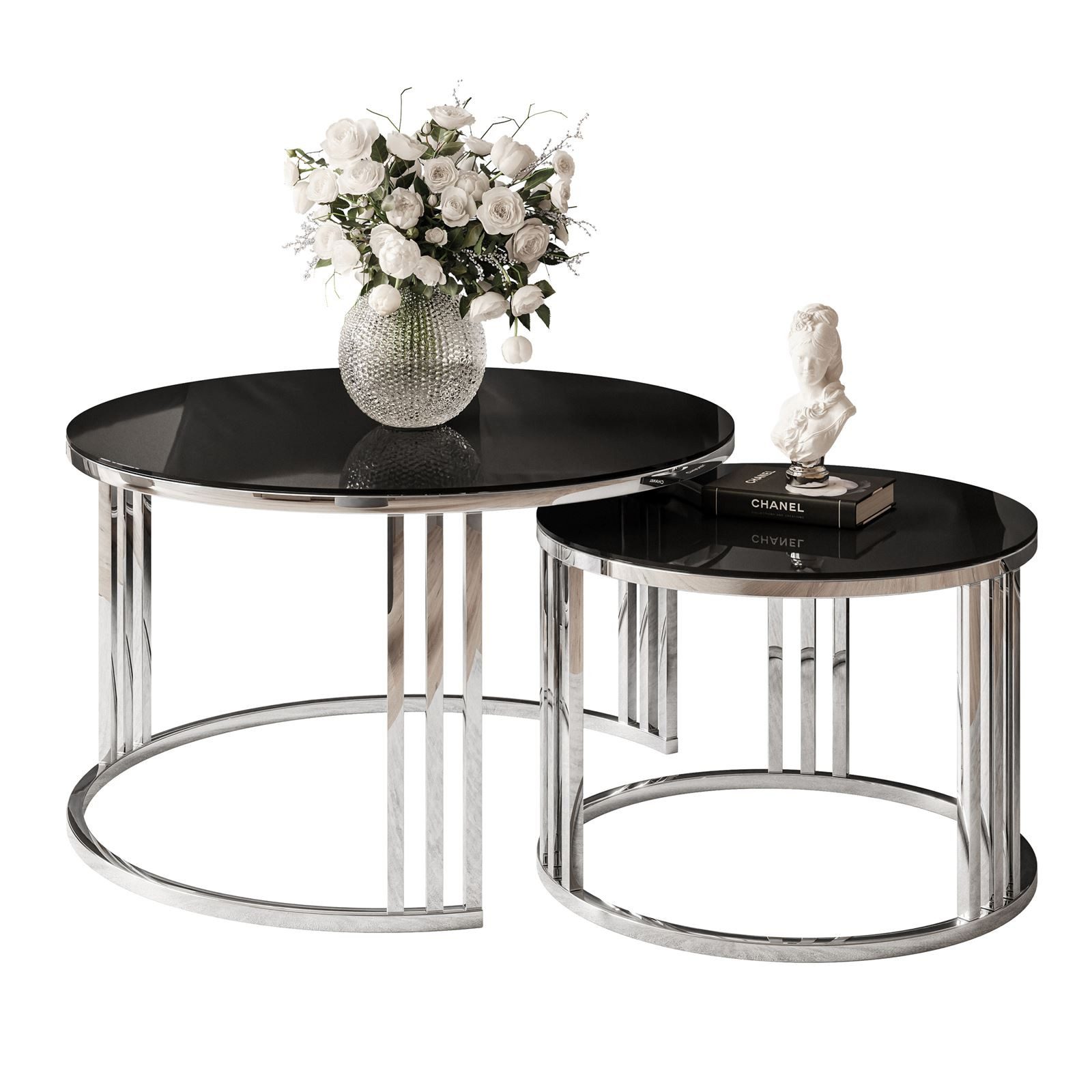 Lookway Couchtisch LORI 2in1 GLASS runder Couchtisch mit silber chrom Gestell (2er Set), Durchmesser: ⌀70 cm und ⌀50 cm