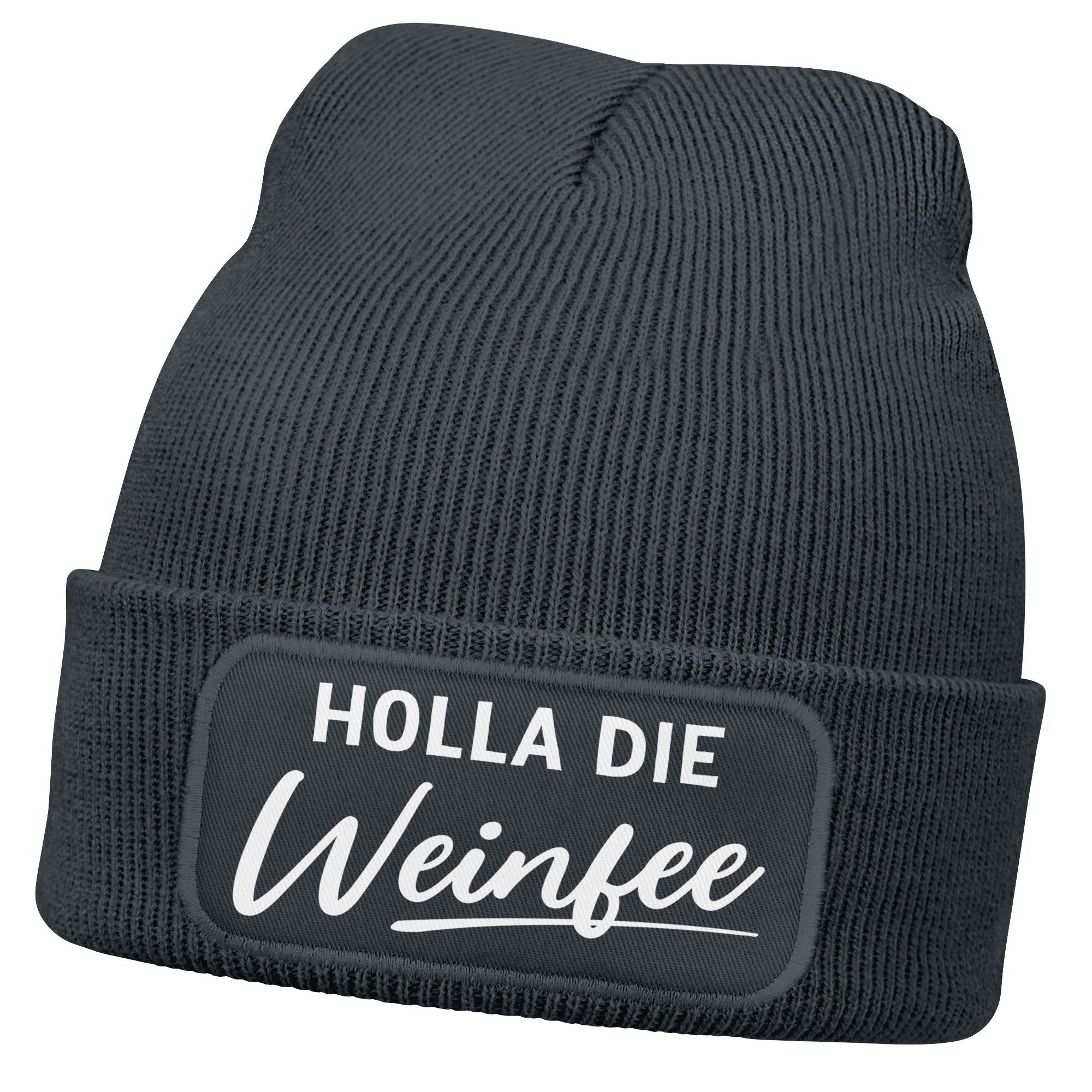 Strickmütze Damen Beanie mit Patch Strickmütze mit Spruch Holla die Weinfee