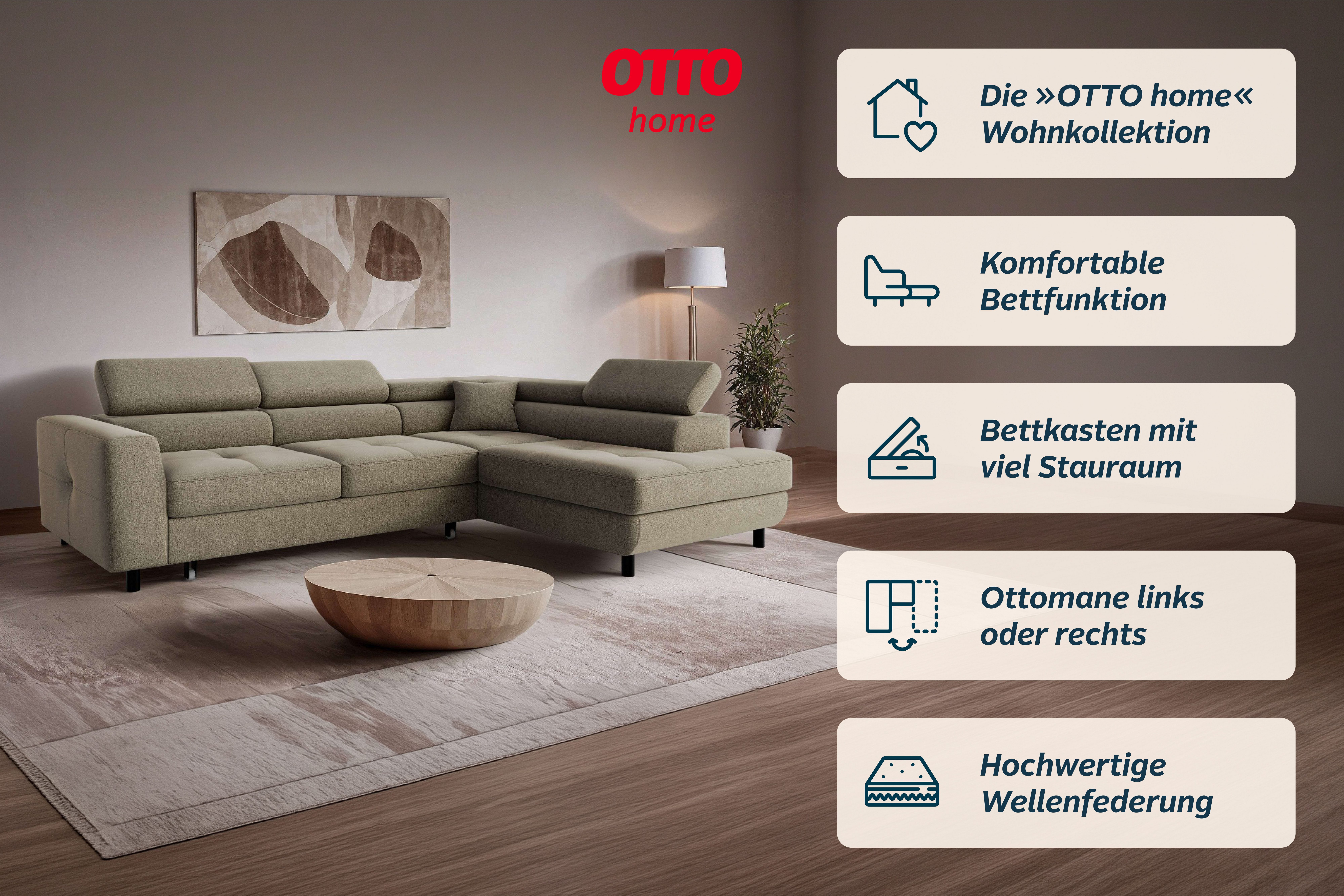 OTTO home Ecksofa AADEN Schlafsofa 254 cm - OTTO. Verlässliche Qualität., mit Bettfunktion, Bettkasten, Kopfstützen, rechts/links bestellbar – Bild 3 von 5