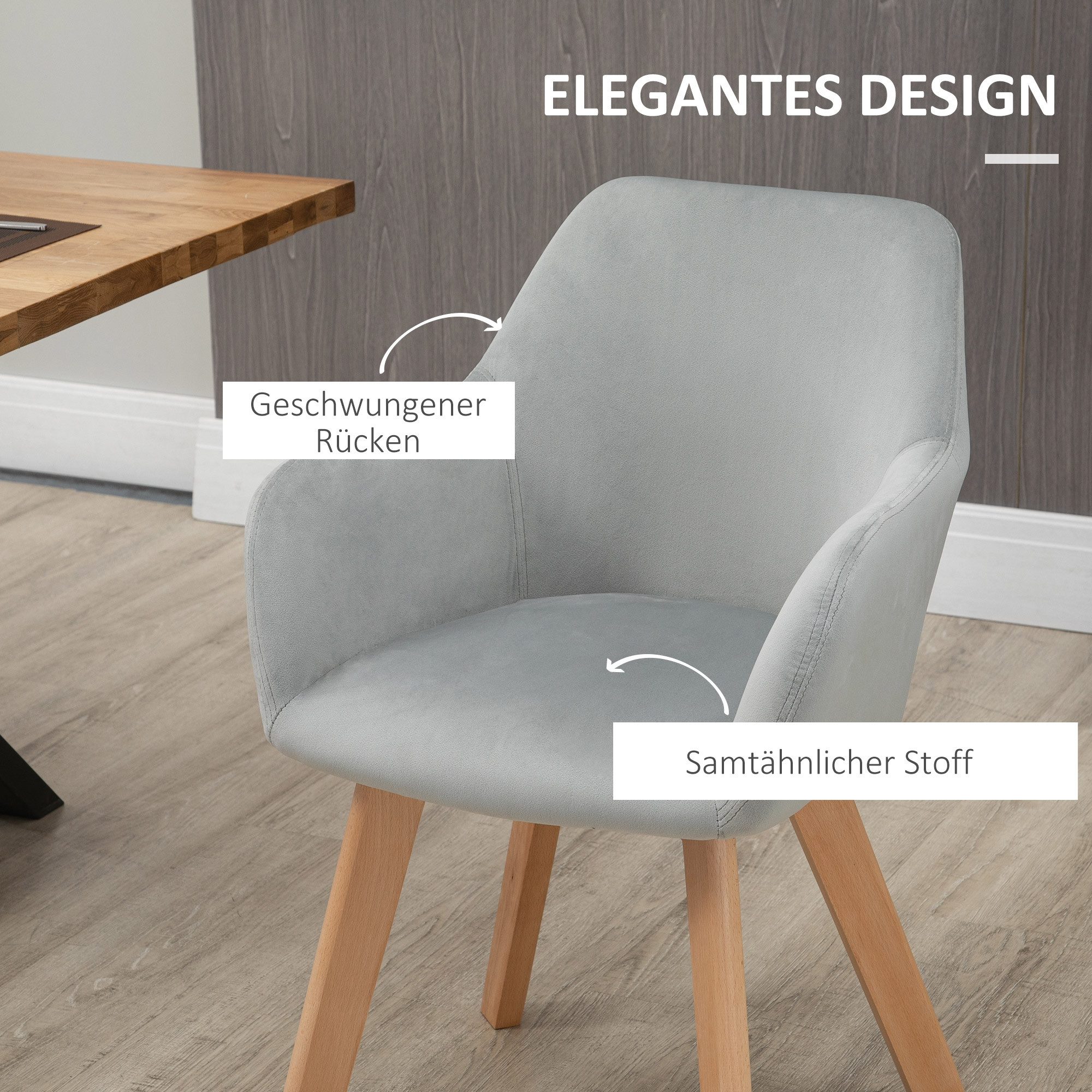 HOMCOM Esszimmerstuhl Sessel Polsterstuhl mit Armlehne, Samtoptik, Stühle mit Holzbeinen (Küchenstuhl, 2 St), für Wohnzimmer, Esszimmer, Grau – Bild 5 von 5