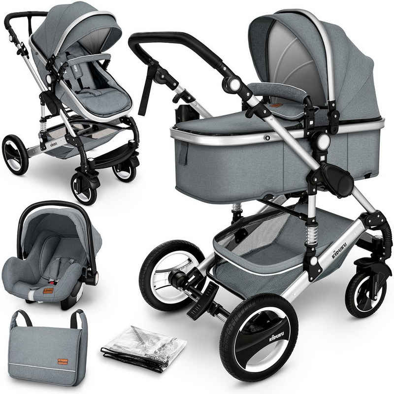 KIDUKU Kombi-Kinderwagen KIDUKU® 3 in 1 Kombi-Kinderwagen Buggy Reisebuggy, 3 in 1 Komplettset inkl. Babywanne Buggy Auto-Babyschale Fußsack, Voll-Gummireifen Wickeltasche Regenschutz Kindertisch