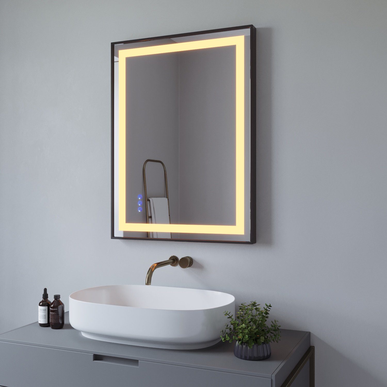 LED Licht Schwarzer 6400K Badspiegel Badspiegel Beleuchtung, Warmweiß Antibeschlage Energiesparender mit Kaltweiß/ Licht mit Rahmen 3000K Lichtspiegel, AQUALAVOS