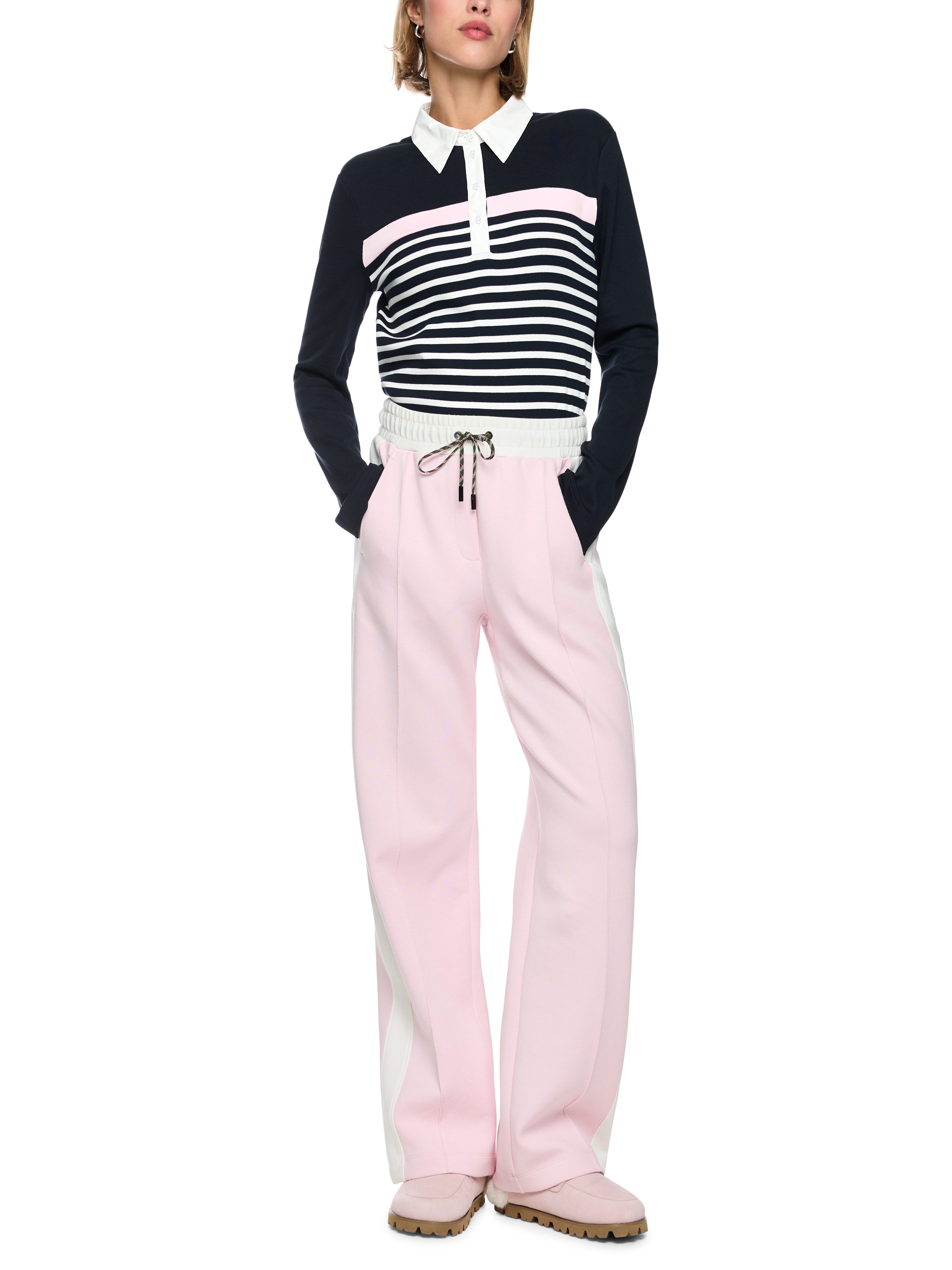 Marc Cain Langarm-Poloshirt Countryside Calling Premium Damenmode in Rippstruktur mit Streifen