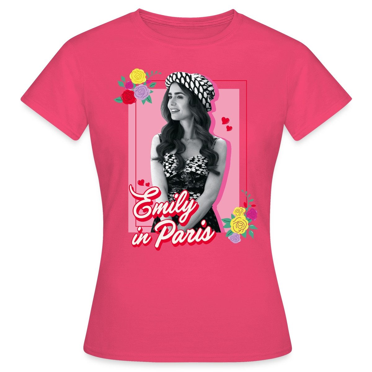 Spreadshirt T-Shirt Emily In Paris Emily Schwarz-Weiß Bild Mit Blumen Frauen T-Shirt (1-tlg)