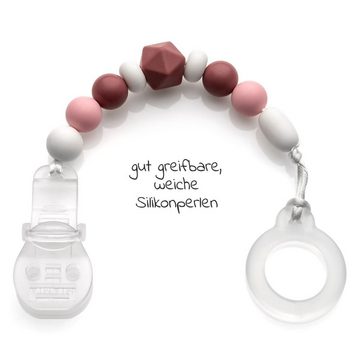 MiaMia Schnuller Grau Beere, 2x Schnullerkette Schnullerband mit Silikon Perlen, Gummiring & Clip