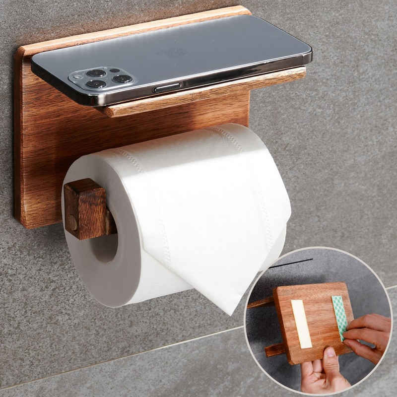 DEKAZIA Toilettenpapierhalter, ohne Bohren, Klopapierhalter Holz, mit Ablage, WC Rollenhalter