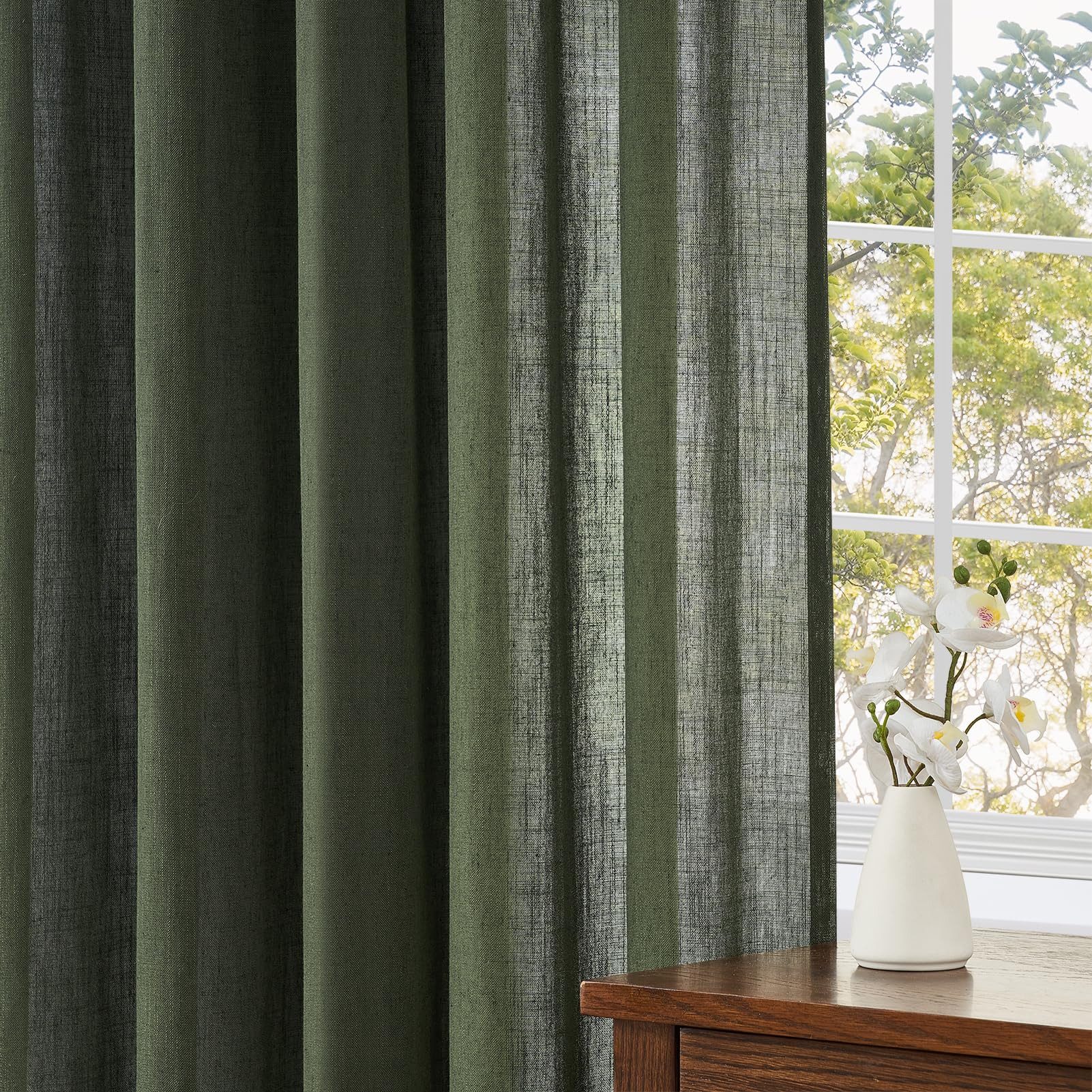 Topfinel Gardine Leinenoptik vorhänge mit kräuselband halbtransparent wohnzimmer (2 St), Kräuselband, halbtransparent, modern boho RetroGrün 140x160cm kinderzim – Bild 4 von 5