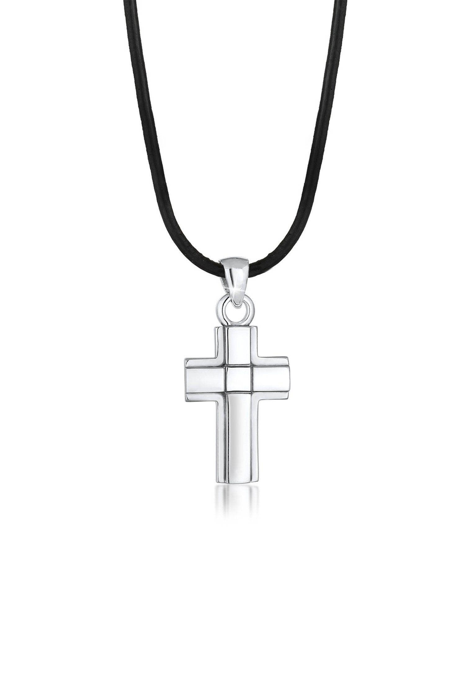 Kuzzoi Kette mit Anhänger Kreuz Symbol Anhänger Echtleder Oxid 925er Silber,  Coole Oxid Kreuz Anhänger mit robuster Lederkette