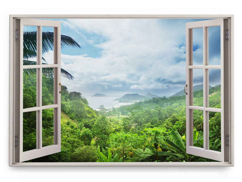 Sinus Art Leinwandbild Wandbild 120x80cm Fensterbild Tropische Insel Dschungel Meer Grün Palm, (1 St)