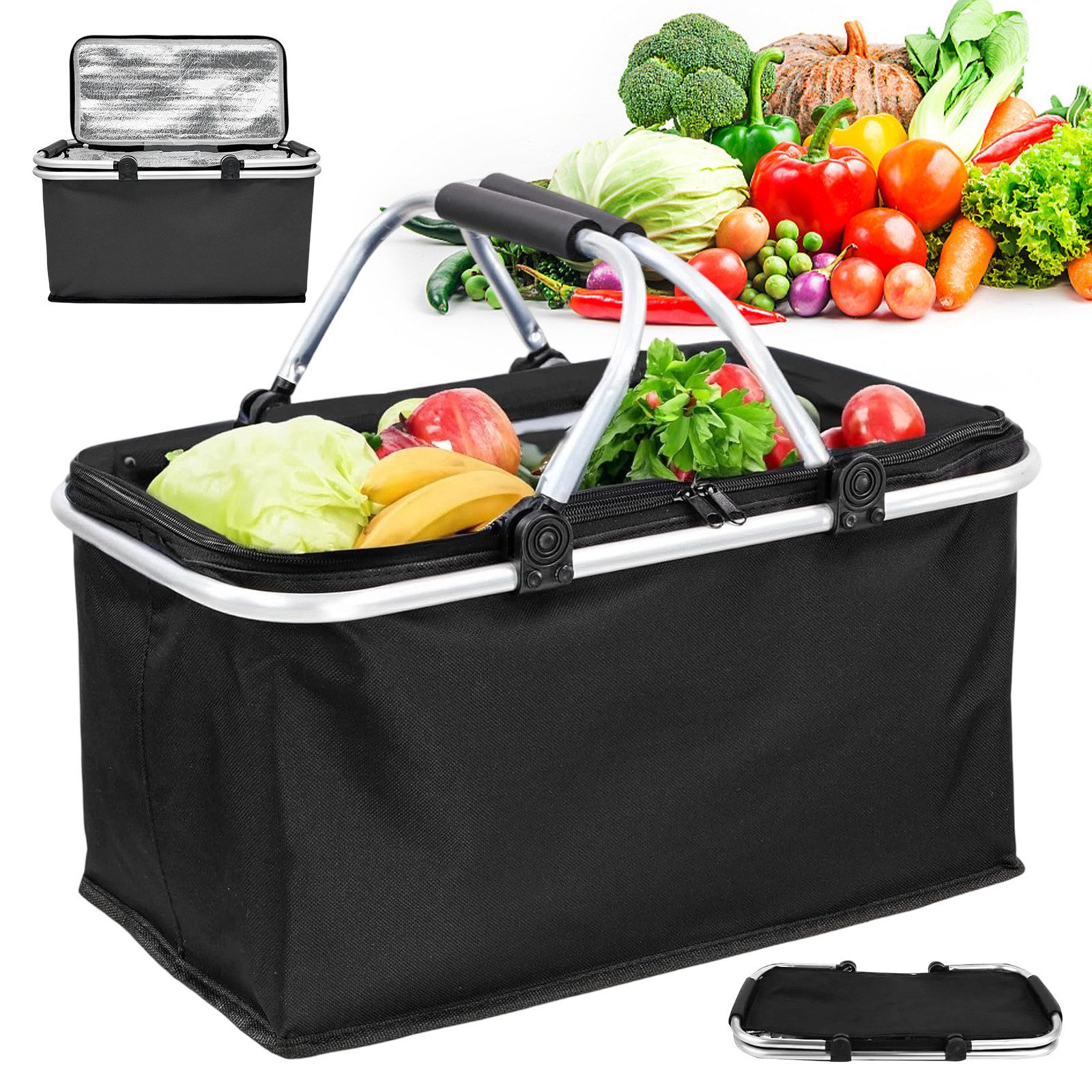 AKKEE Einkaufskorb Großer Picknickkorb mit gepolsterten Griffen Praktischer, Faltbarer Korb Einkaufstasche mit Aluminiumrahmen