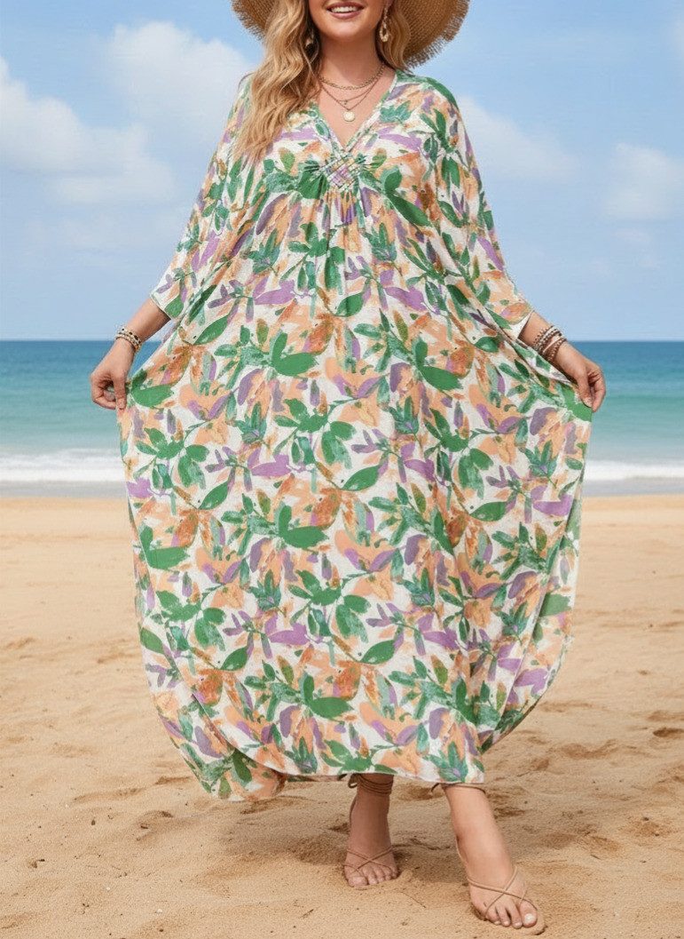Lovolotti Sommerkleid Damen Strandkleid aus Viskose – Luftiger Kaftan mit floralem Print Maxikleid für Strand, Pool und Urlaub