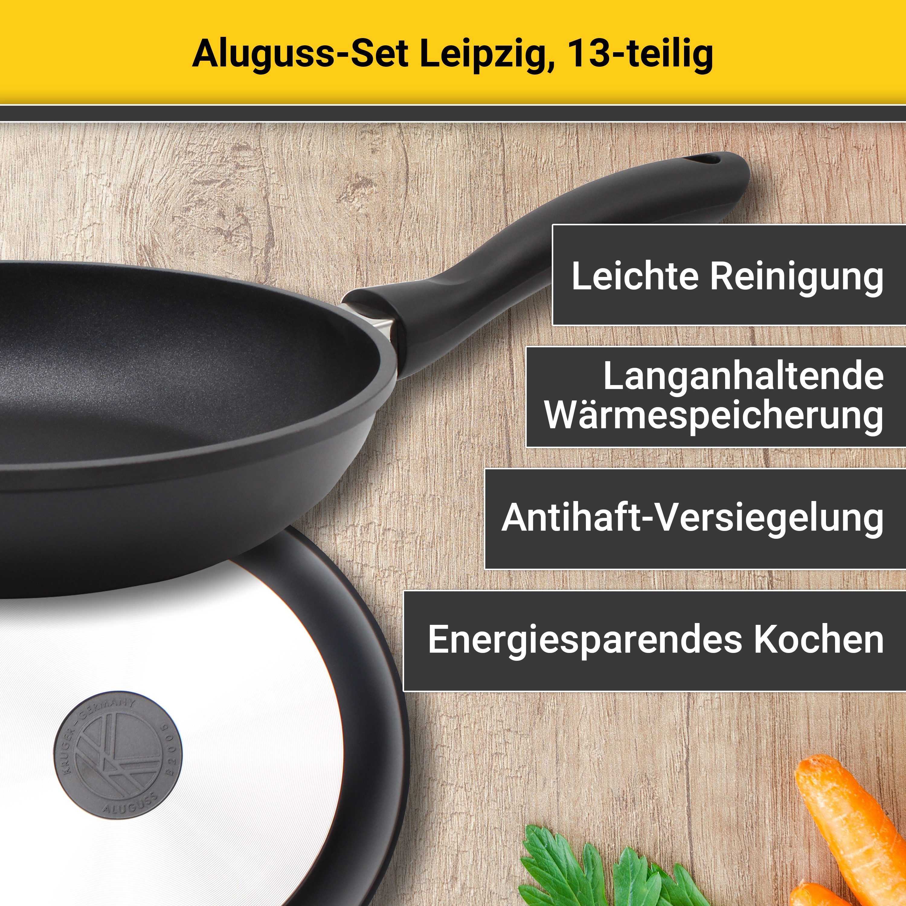 Krüger Topf-Set Aluguss Topf-/Pfannenset LEIPZIG inkl. Küchenhelfern, 13 tlg., Aluminiumguss (Set, 13-tlg., Fleischtopf 16+20 cm, Pfanne flach 20+28 cm, 7 tlg. Küchenhelferset), inkl. 7-tlg. Küchenhelfer-Set