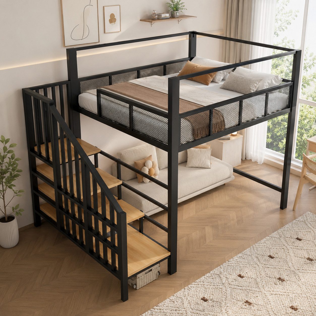 BlingBin Hochbett Metallbett Kinderbett Jugendbett mit Baldachin,Sicherheitstreppe (3 Packung, 1-St., Arbeitsfläche unter dem Bett, Stauraumstufen) Einzel-Hochbett fürs Schlafzimmer,Schwarz,140×200cm