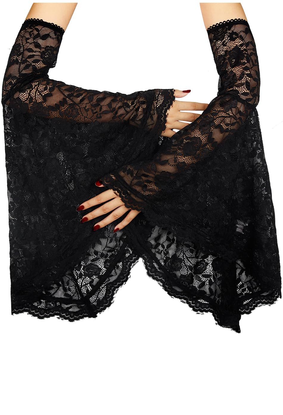 nsihing Kostüm Damen Gothic Spitzenhandschuhe,Lange Armstulpen mit Bindeband, Fingerlose Handschuhe für Halloween Kostüm, Party und Cosplay