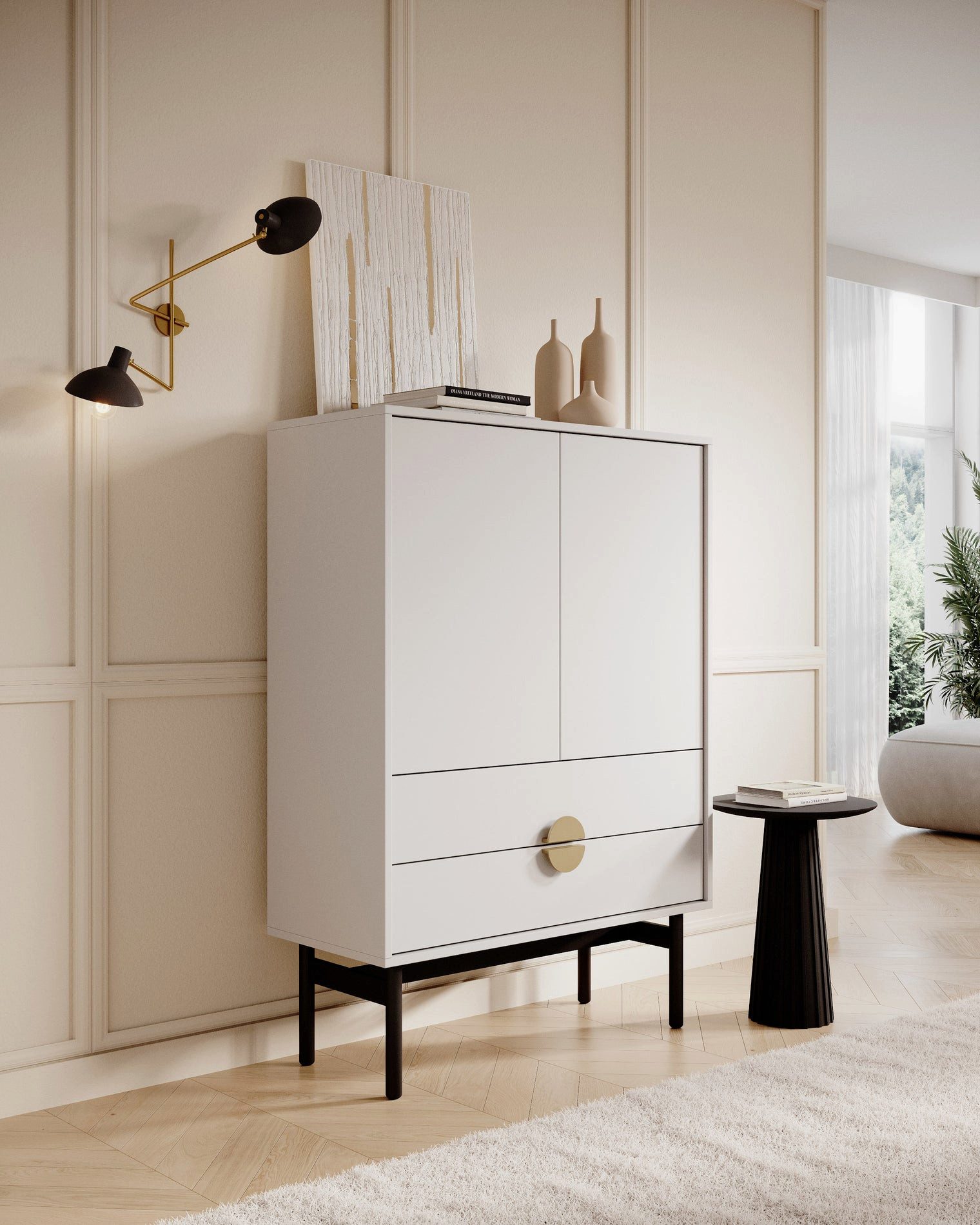 Selsey Sideboard STOON II, Zwei Türen, zwei Schubladen, klassisches Weiß, goldene Griffe.