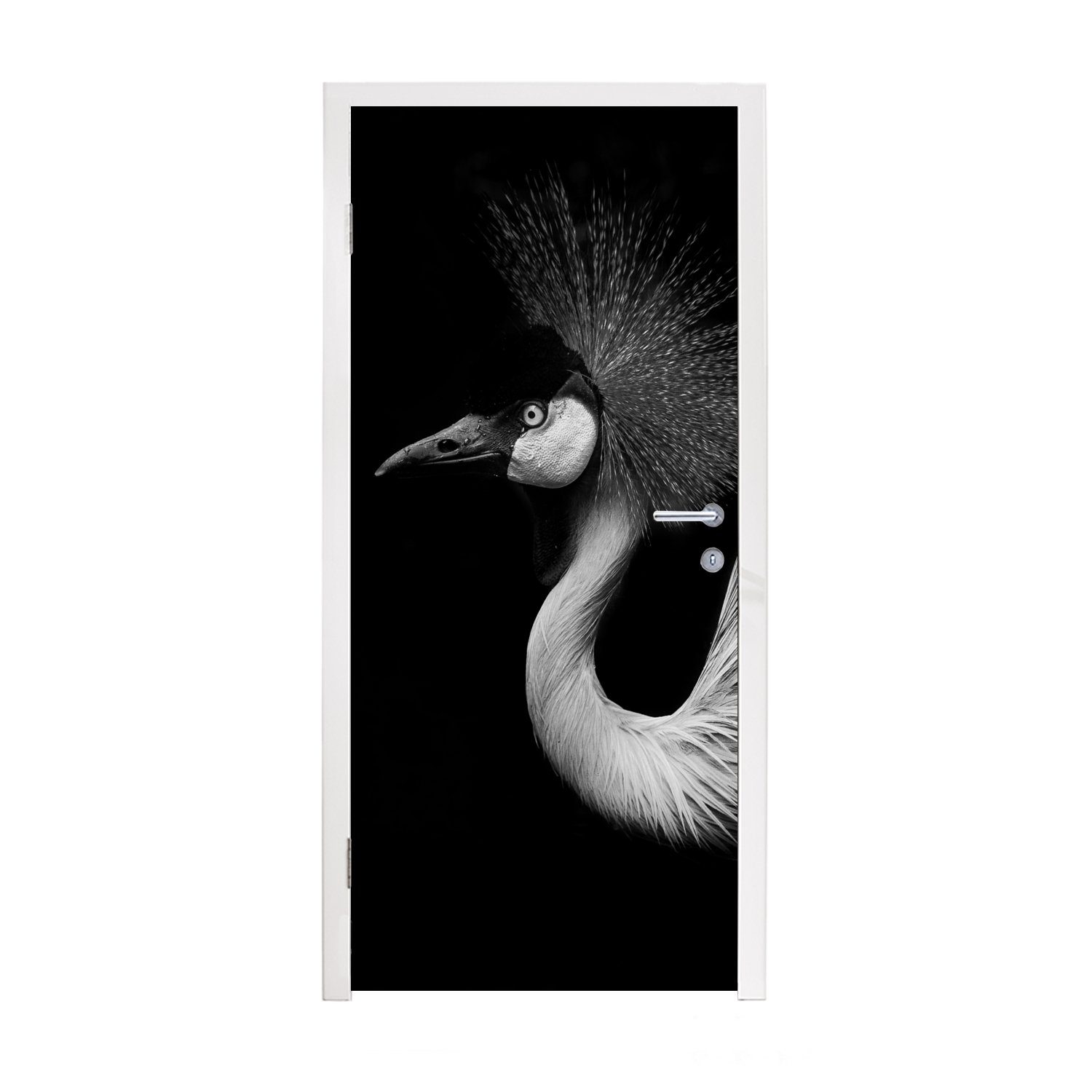 MuchoWow Türtapete Kranich - - Weiß Tiere, Schwarz (1 Vogel für Fototapete St), Türaufkleber, - cm Tür, 75x205 - bedruckt, Matt