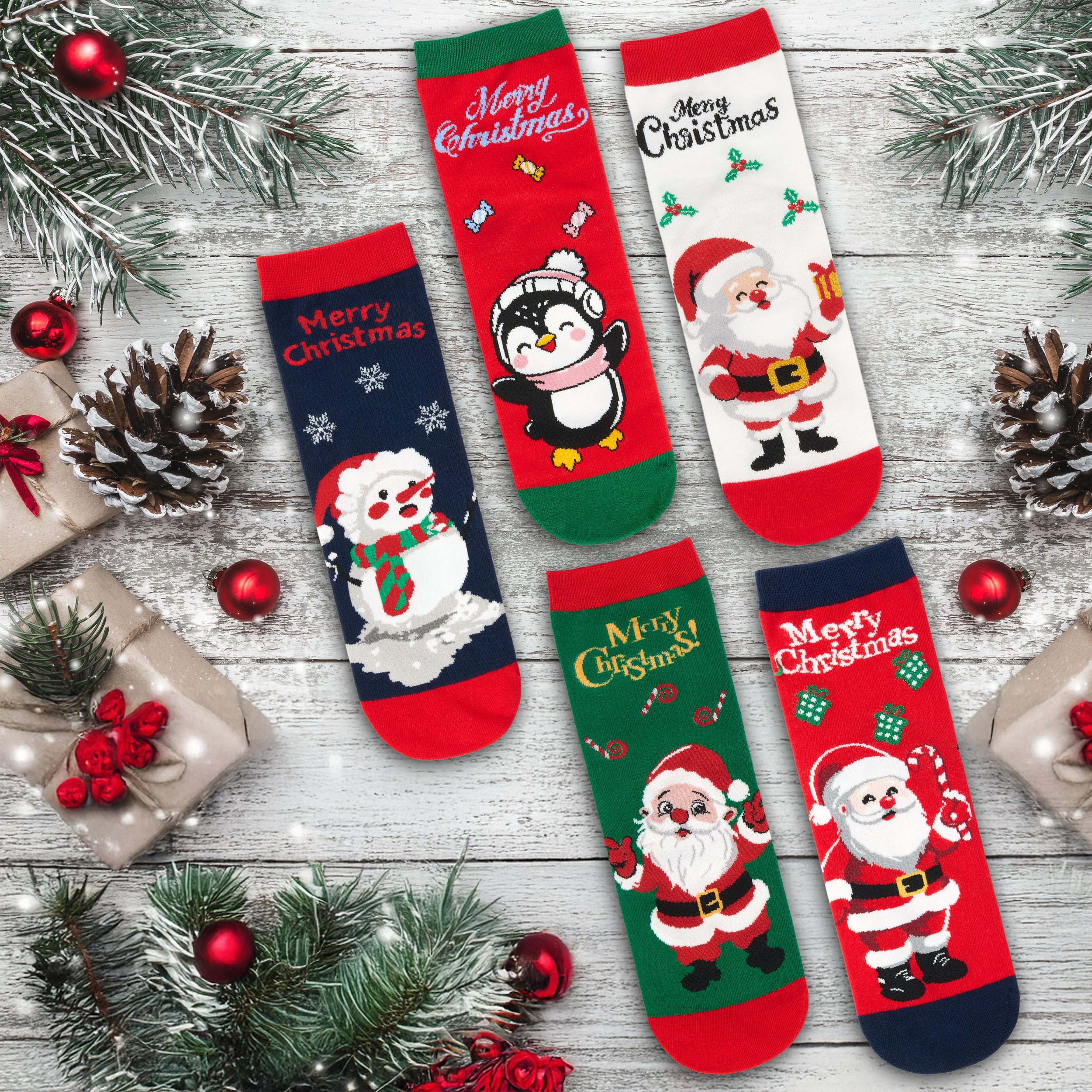 BRUBAKER Socken Damen Weihnachtssocken - Santa, Schneemann und Pinguin (Bunte Baumwollsocken für Frauen - Geschenkset, 5-Paar, Kuschelsocken mit humorvollen Sockenmotiven) Lustige Damensocken für Weihnachten & Nikolaus