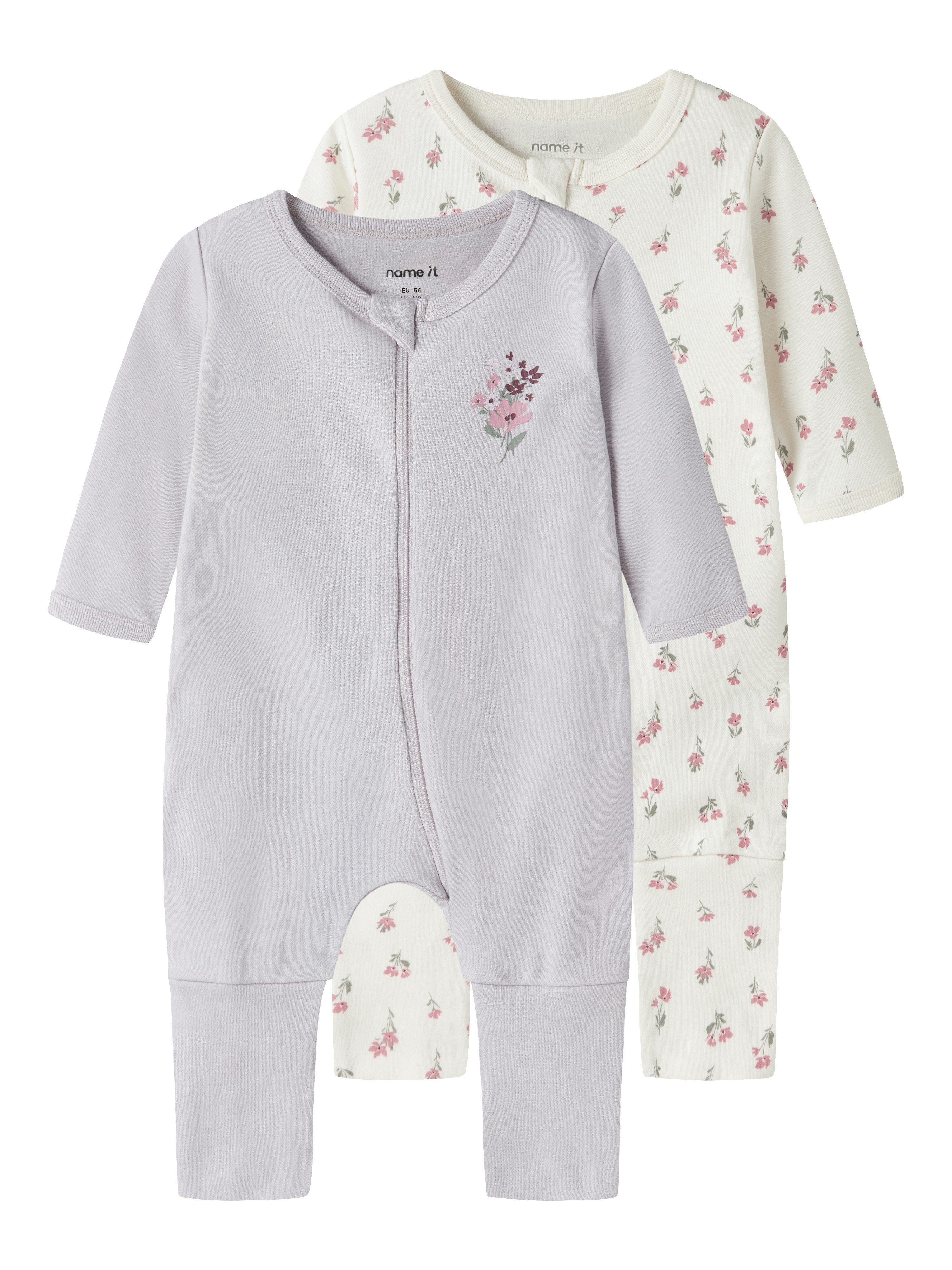 Name It Schlafanzug NBFNIGHTSUIT 2P ZIP FF FLOWER NOOS (Packung, 2 tlg) aus Baumwolle, bequeme Passform, mit Reißverschluss und Kinnschutz