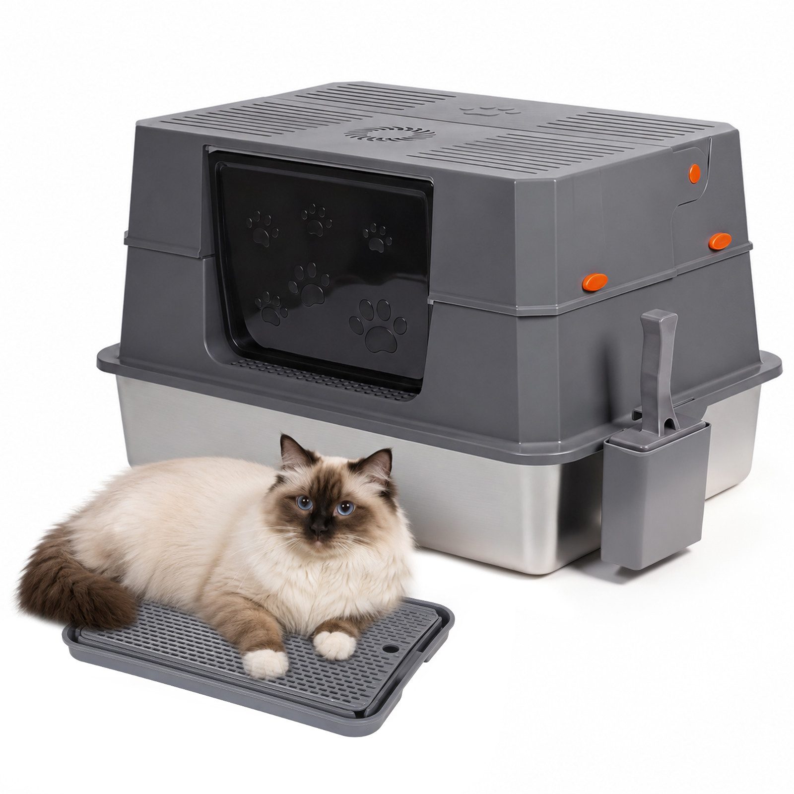 Clanmacy Katzentoilette Katzentoilette Edelstahl 71x51x43 cm, Klappdeckel, 20 L, Grau/Schwarz