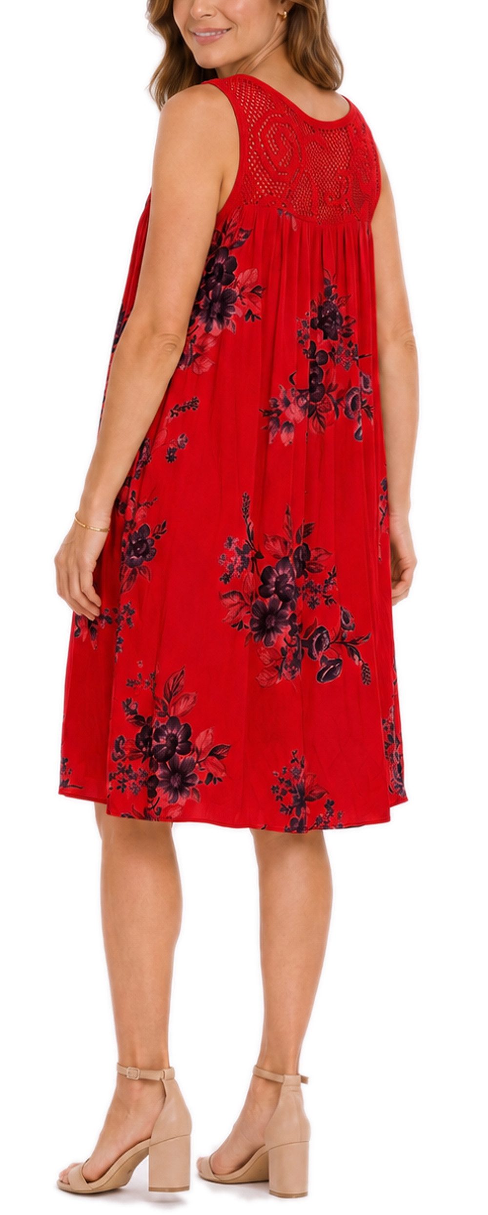 dy_mode Midikleid Damen Sommerkleid Blumenmuster Midi Kleid Strandkleid knielang Knielang, Transparente Häkel-Einsatz im Dekolleté- und Rückenbereich