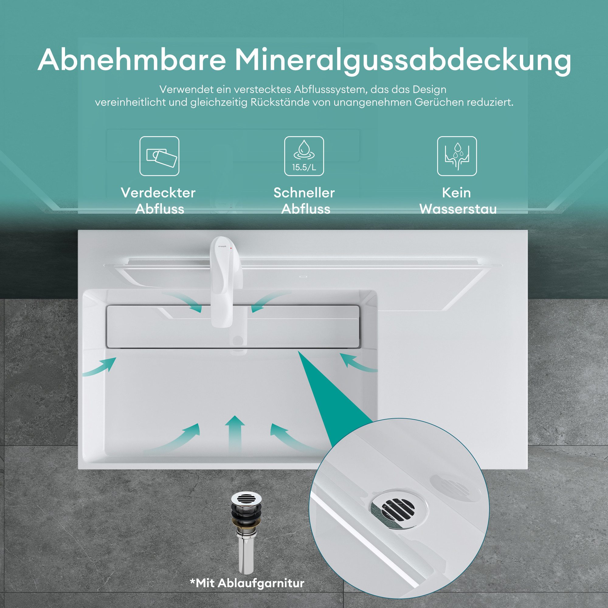 Mai & Mai Aufsatzwaschbecken Waschschale Waschbecken aus Mineralguss rechteckig DIN-Norm Col12, Becken links, rechts, mittig oder als Doppelbecken wählbar – Bild 4 von 5