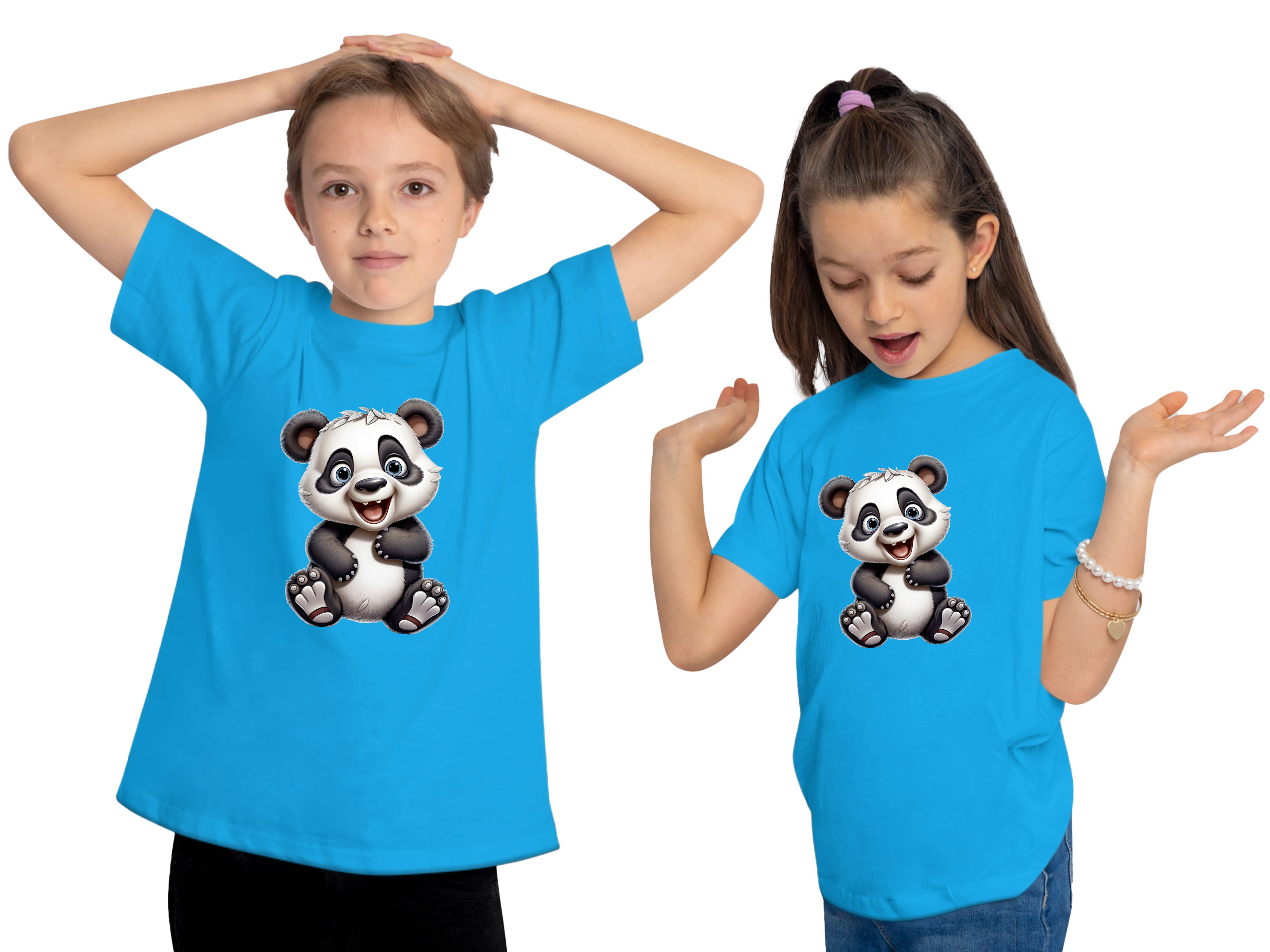 MyDesign24 T-Shirt Kinder i277 Shirt bedruckt aqua mit Print - Baby Wildtier blau Baumwollshirt Aufdruck, Bär Panda