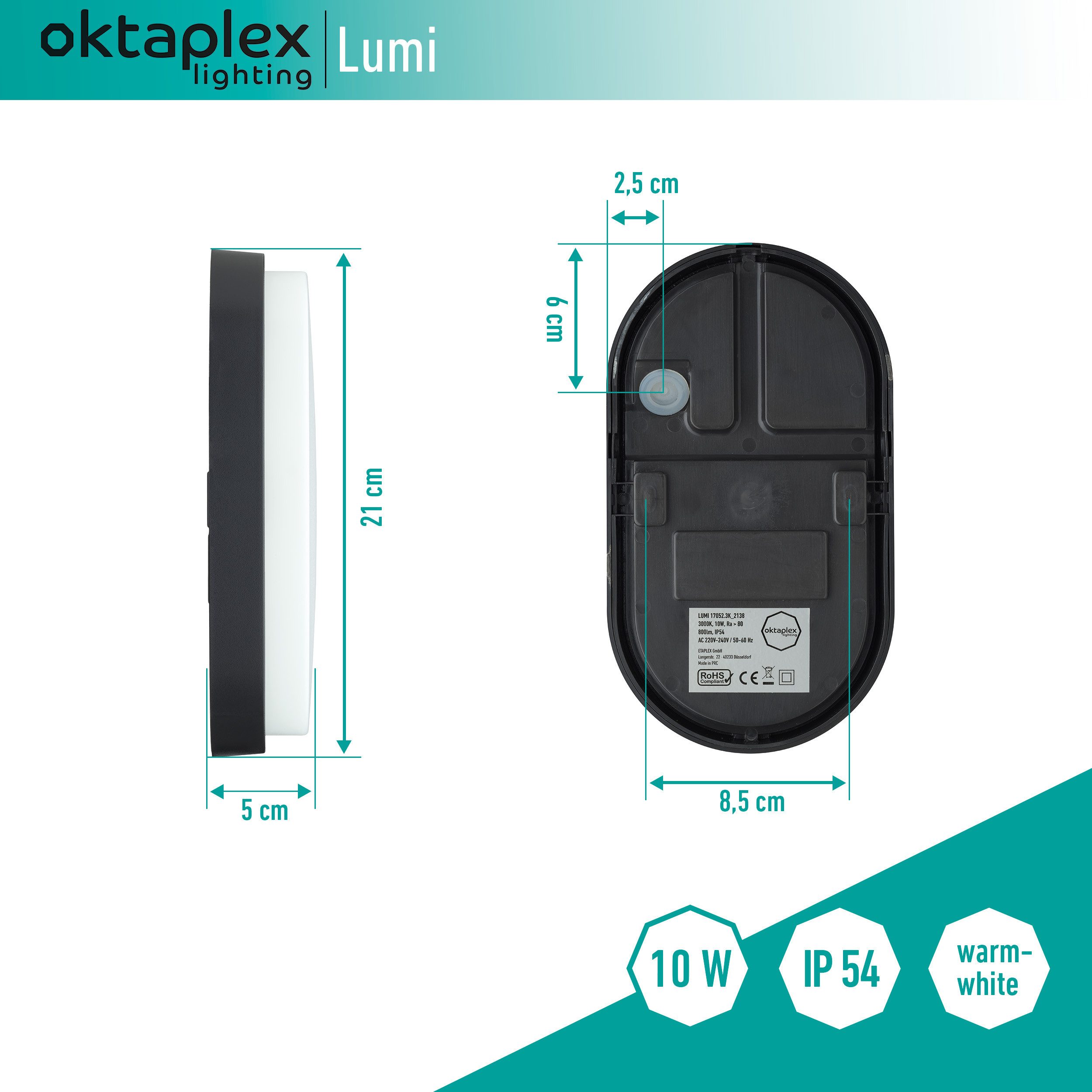 Oktaplex lighting LED Deckenleuchte Lumi LED Kellerlampe Oval IP54, Diffusor, LED fest verbaut, Warmweiß, Deckenleuchte 10W 800 Lumen Wandlampe anthrazit