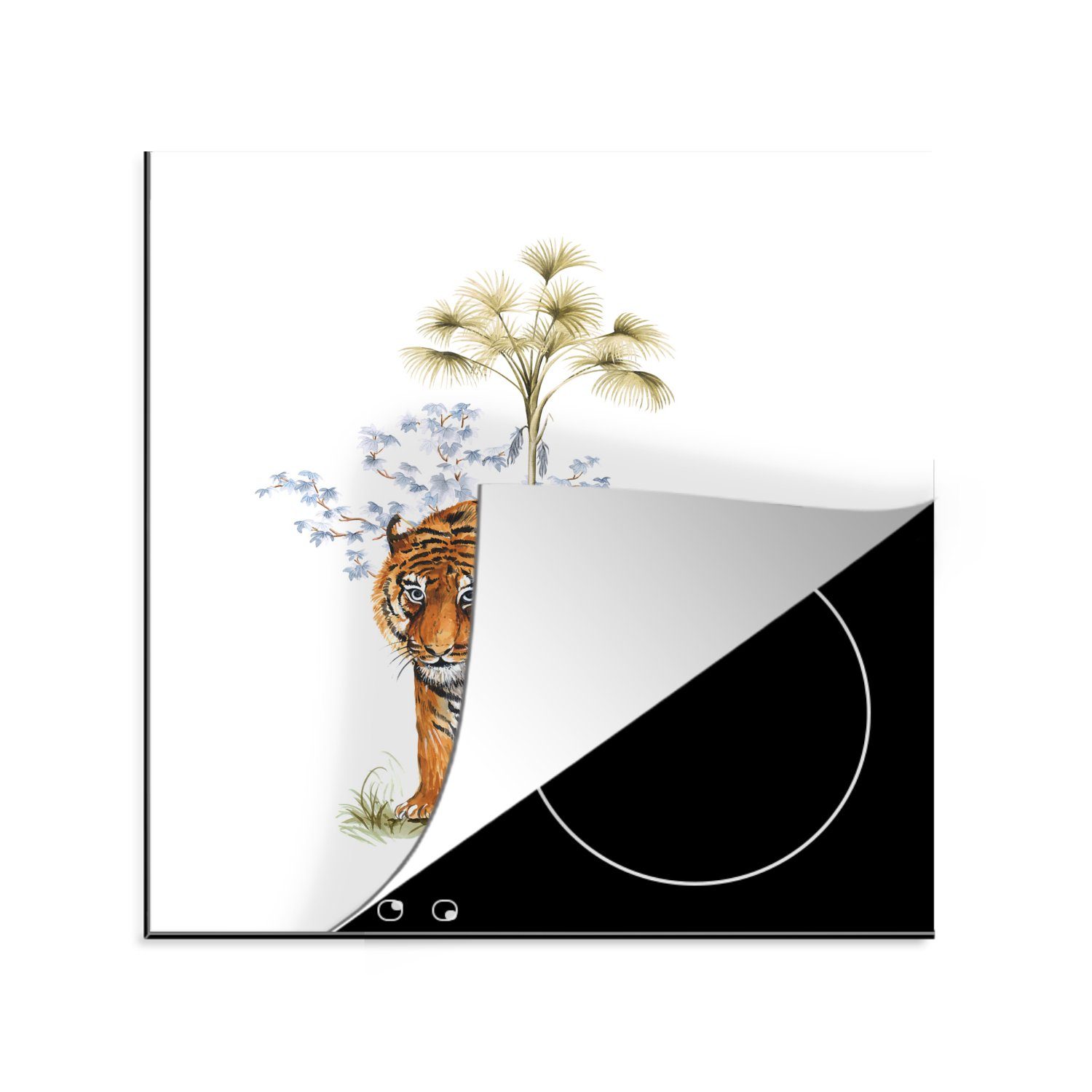 MuchoWow Herdblende-/Abdeckplatte Tiger - Pflanzen - Bild, Vinyl, (1 tlg), 78x78 cm, Ceranfeldabdeckung, Arbeitsplatte für küche