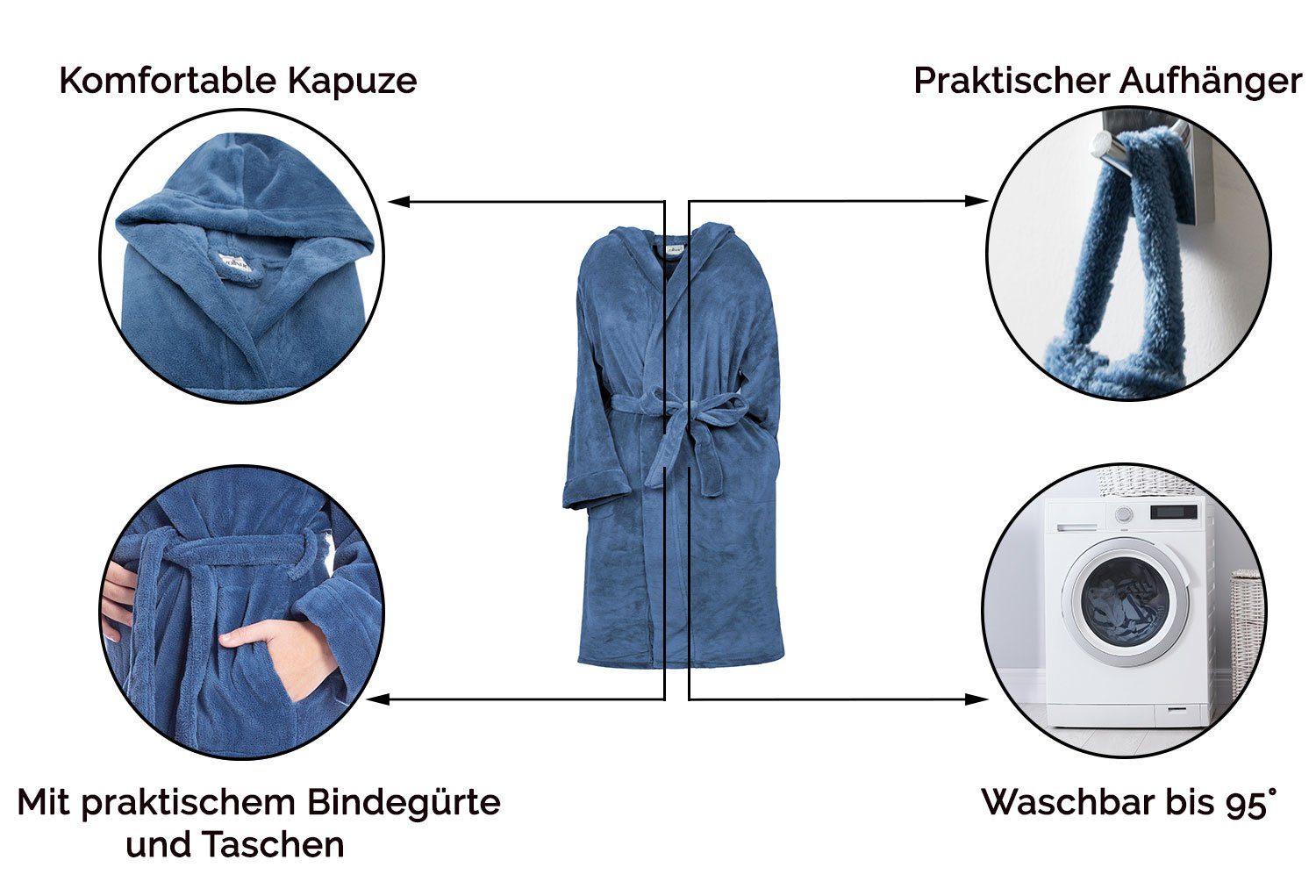 ZOLLNER Kinderbademantel, 100% Polyester, waschbar bis 95°C, Kapuze, kuschelig weich, Gürtel, 100% Polyester