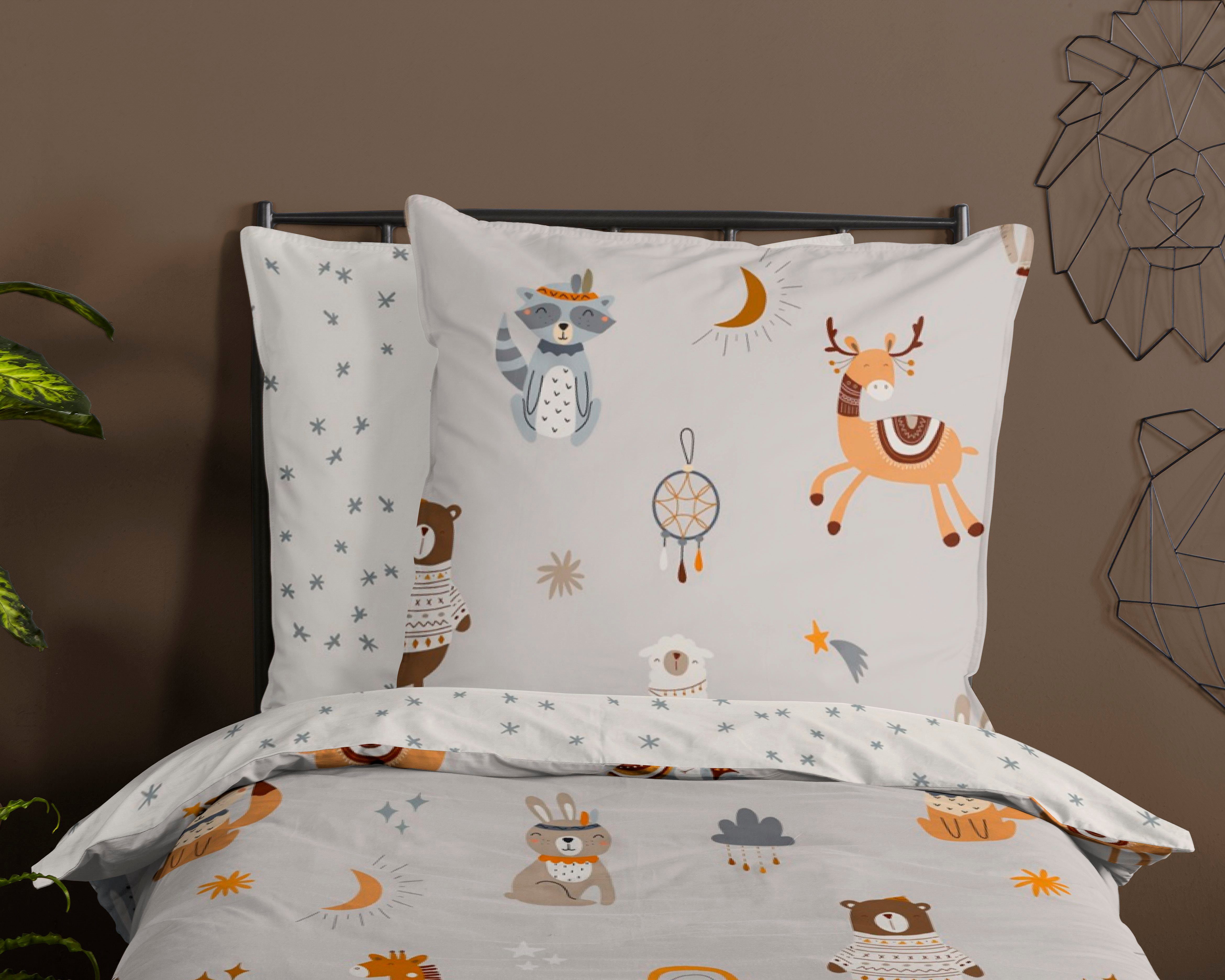 good morning Kinderbettwäsche Woody, Renforcé, 2 teilig, Baumwolle, 135x200, Reißverschluss, Wende, Kind, Simple, Tier, Grau