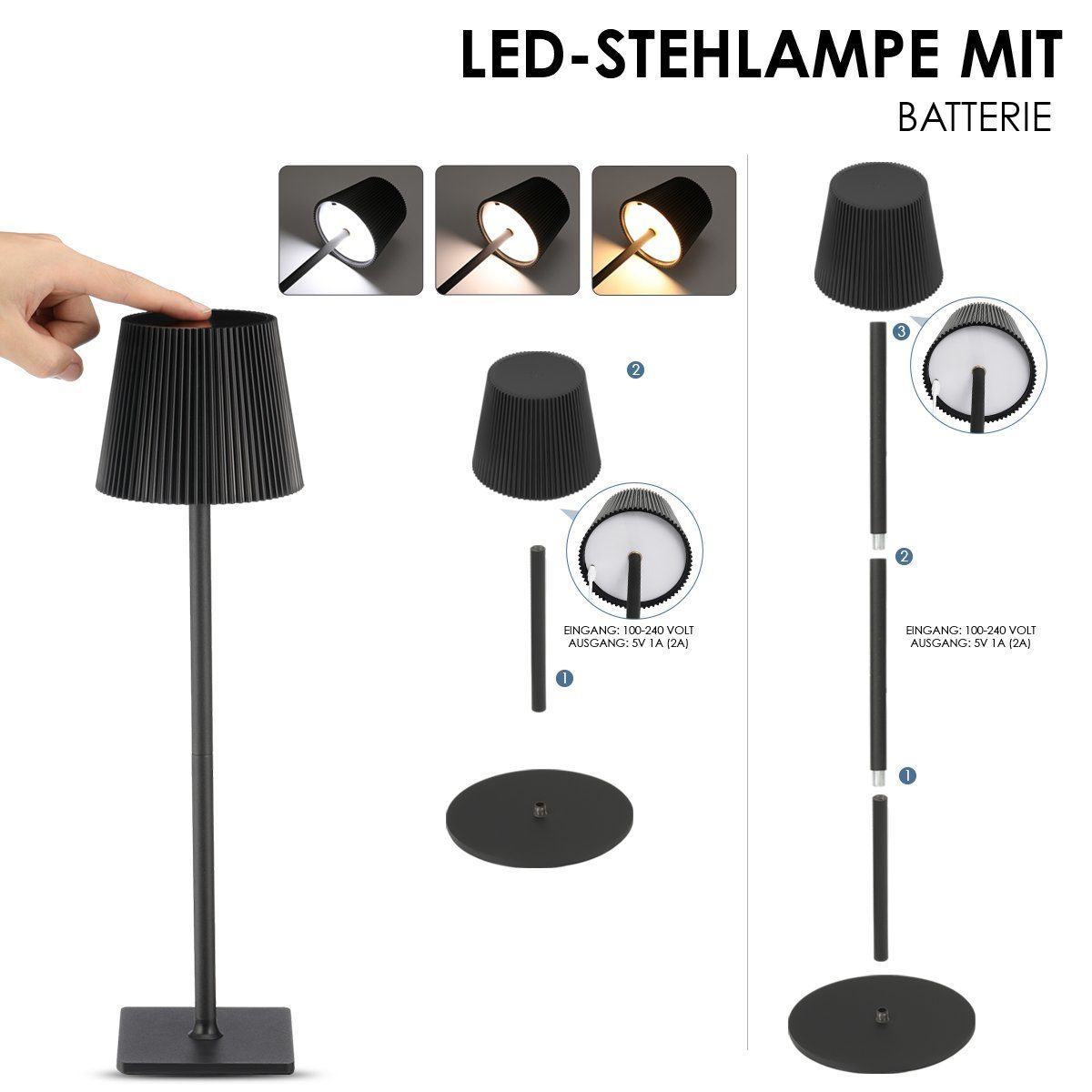 Schwarz Abnehmbar Akku Tischlampe mit + 105cm Nachttischlampe, Wiederaufladbar LED Dimmbare fest Tischleuchte LED LED ( 8000mAh Tischlampe Touch-Funktion, 3-Farbe LETGOSPT integriert, Tischlampe Kaltweiß/Naturweiß/Warmweiß, Verlängerungsstange) Metallsockel, mit