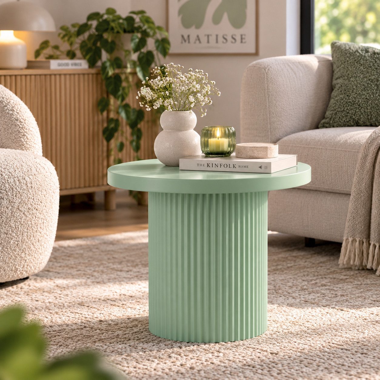 MF Couchtisch Design Couchtisch Milo Rund Metall Mintgrün Rillenoptik 40 cm (1-St)