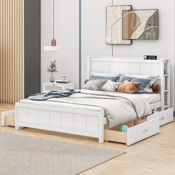 REDOM Massivholzbett Doppelbett mit Stauraum am Kopfende 140x200cm (mit Vier Schubladen unter dem Bett), ohne Matratze