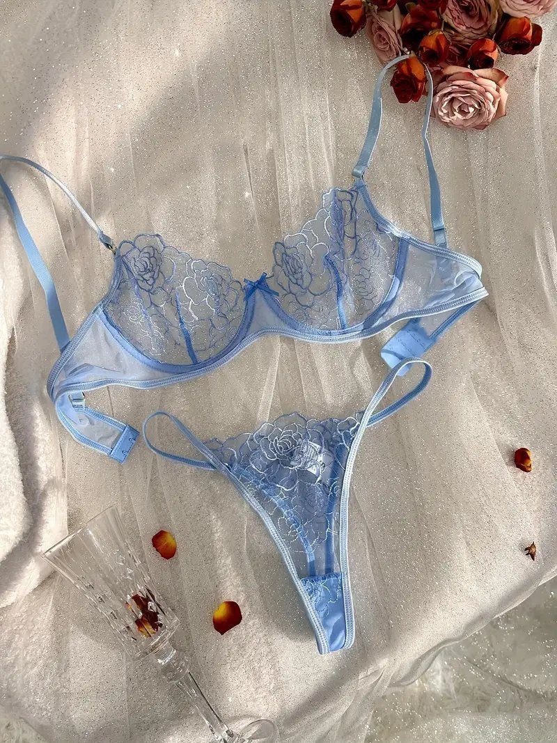 Set: Push-up-BH Sexy transparentes Dessous-Set für Damen: bestickter BH und String