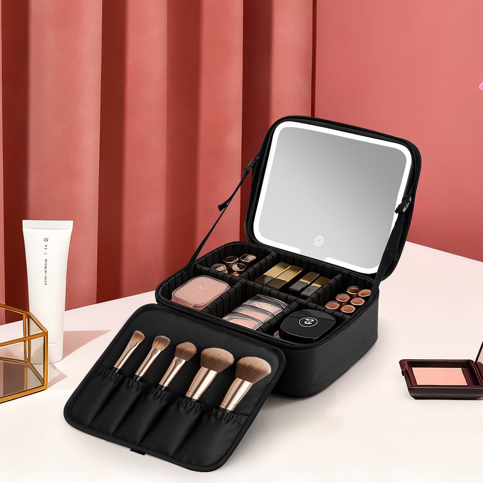 Youyijia Aufbewahrungsbox Reise Make-up Tasche mit LED Spiegel, 3 Lichtfarben & Dimmbar – Bild 5 von 5