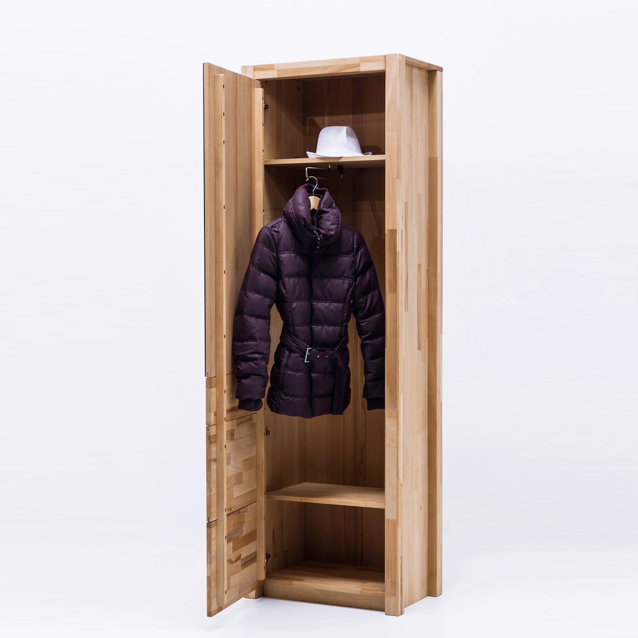 MCA furniture Garderobenschrank Garderobenschrank Fenja Kernbuche massiv 1-türig mit Spiegel 66 cm