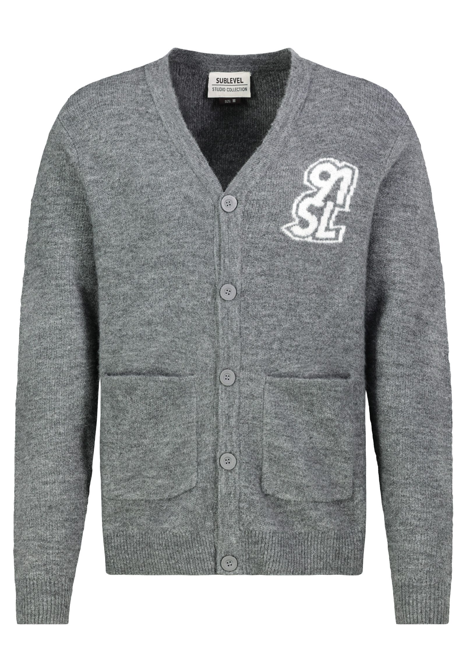 SUBLEVEL Strickjacke Herren Strickjacke mit Logo Intarsia-Strick, V-Ausschnitt, Aufgesetzte Taschen