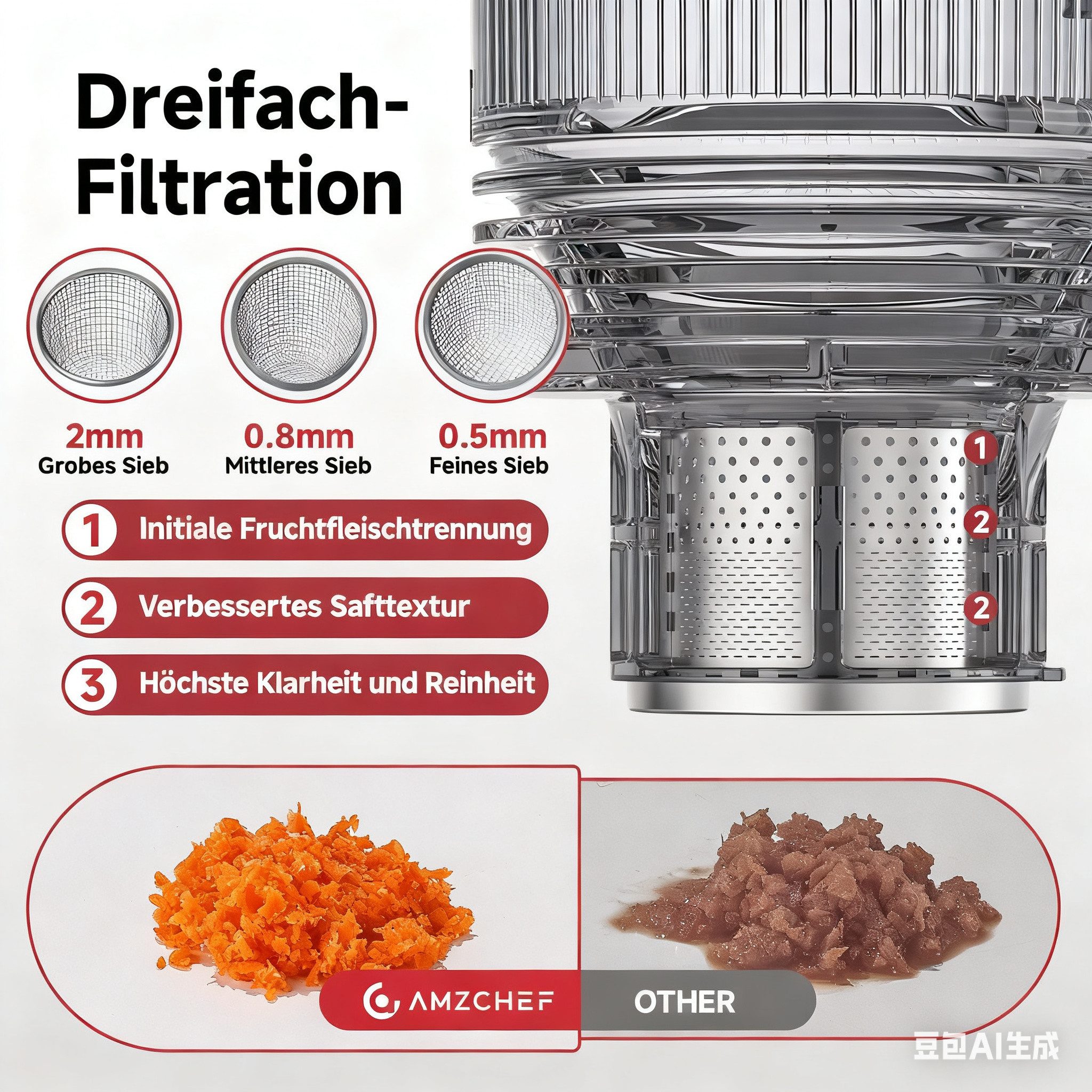 AMZCHEF Zentrifugenentsafter JE-7OT8, 250 W, 150mm Extra-Breitem Einfüllschacht, 2L Entsafter für Gemüse und Obst