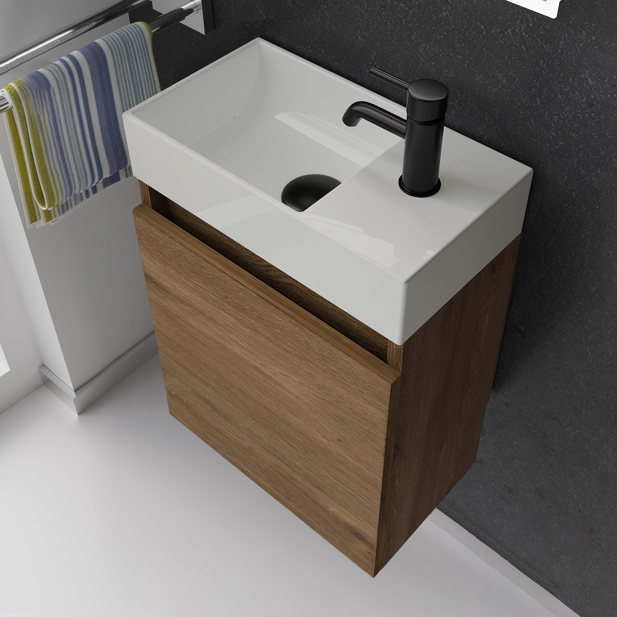 Alpenberger Badmöbel-Set Gäste WC Waschbecken mit Unterschrank - Badschrank Hängend, (2-tlg. Waschtisch Set Eiche, Waschbeckenunterschrank mit Softclose), Waschplätze für Kleine Bäder - Badschrank Hängend und Vormontiert