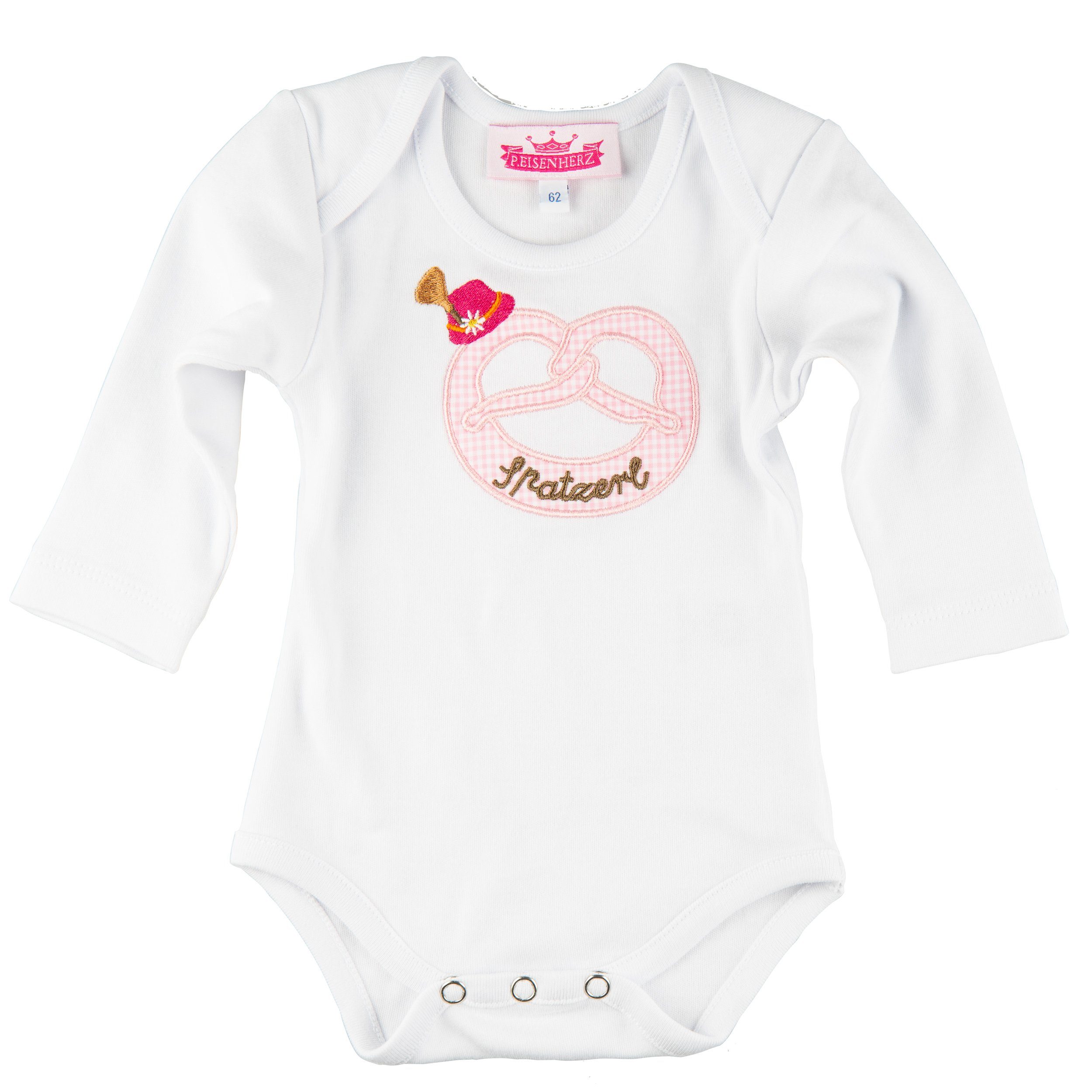 P.Eisenherz Langarmbody Langarm Body Motiv "Brezel" mit Stickerei Tirolerhut und Spatzerl mit Stickerei Tirolerhut und "Spatzerl"