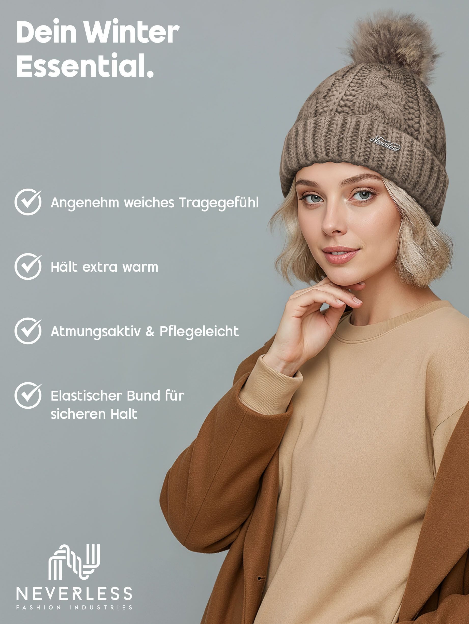 Neverless Bommelmütze Damen Strick-Mütze gefüttert Fell-Bommel Kunstfell Winter-Mütze