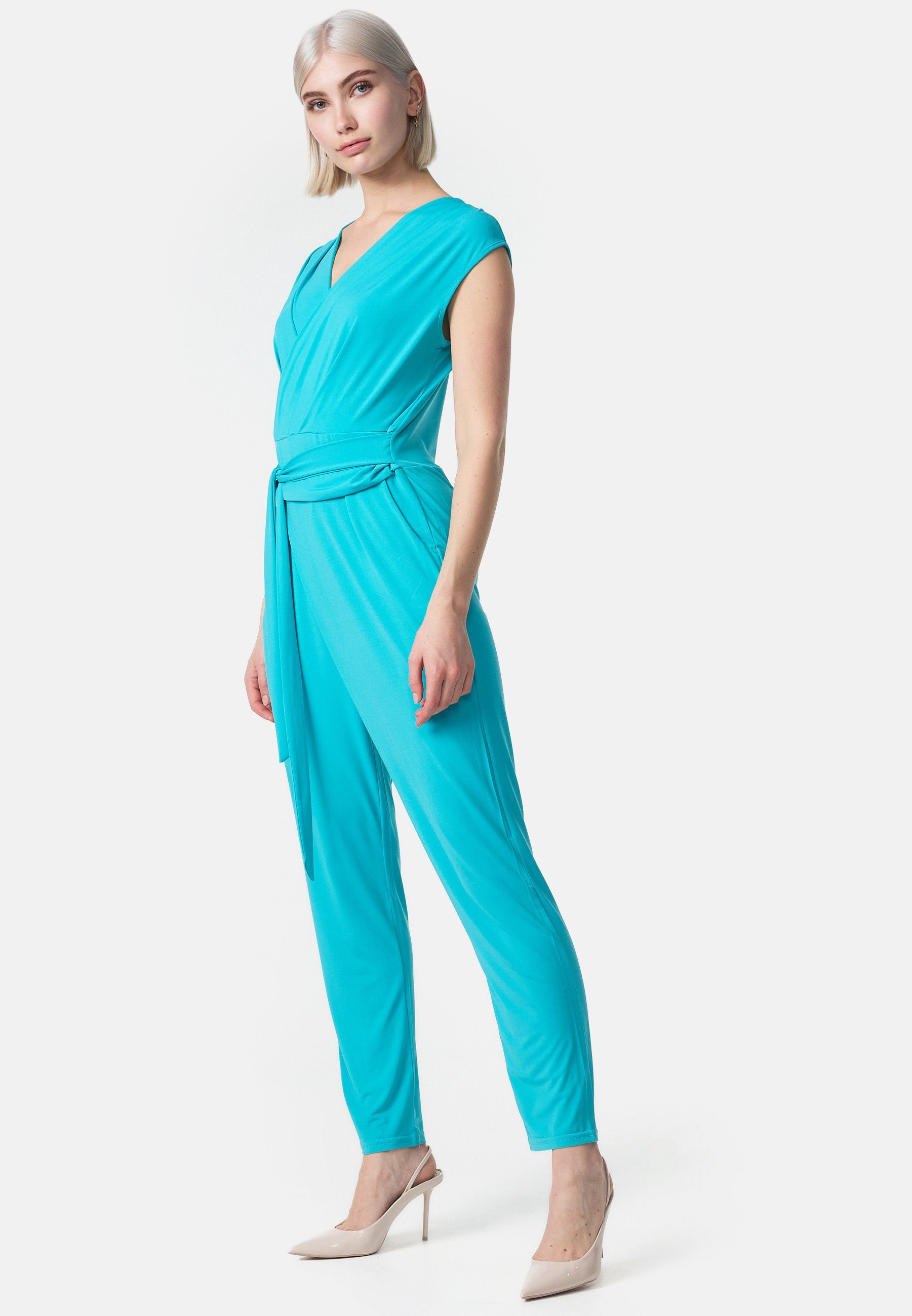 ohne Ärmel Overall PM-36 Einheitsgröße) PM Wickeloptik Blau mit Bindegürtel Jumpsuit (Business SELECTED