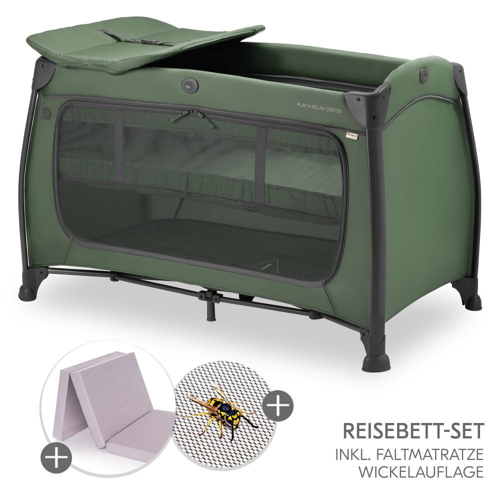 Hauck Baby-Reisebett Play'n Relax Center - Dark Green, Babyreisebett mit Matratze, Insektenschutz, Wickelauflage, Einhang