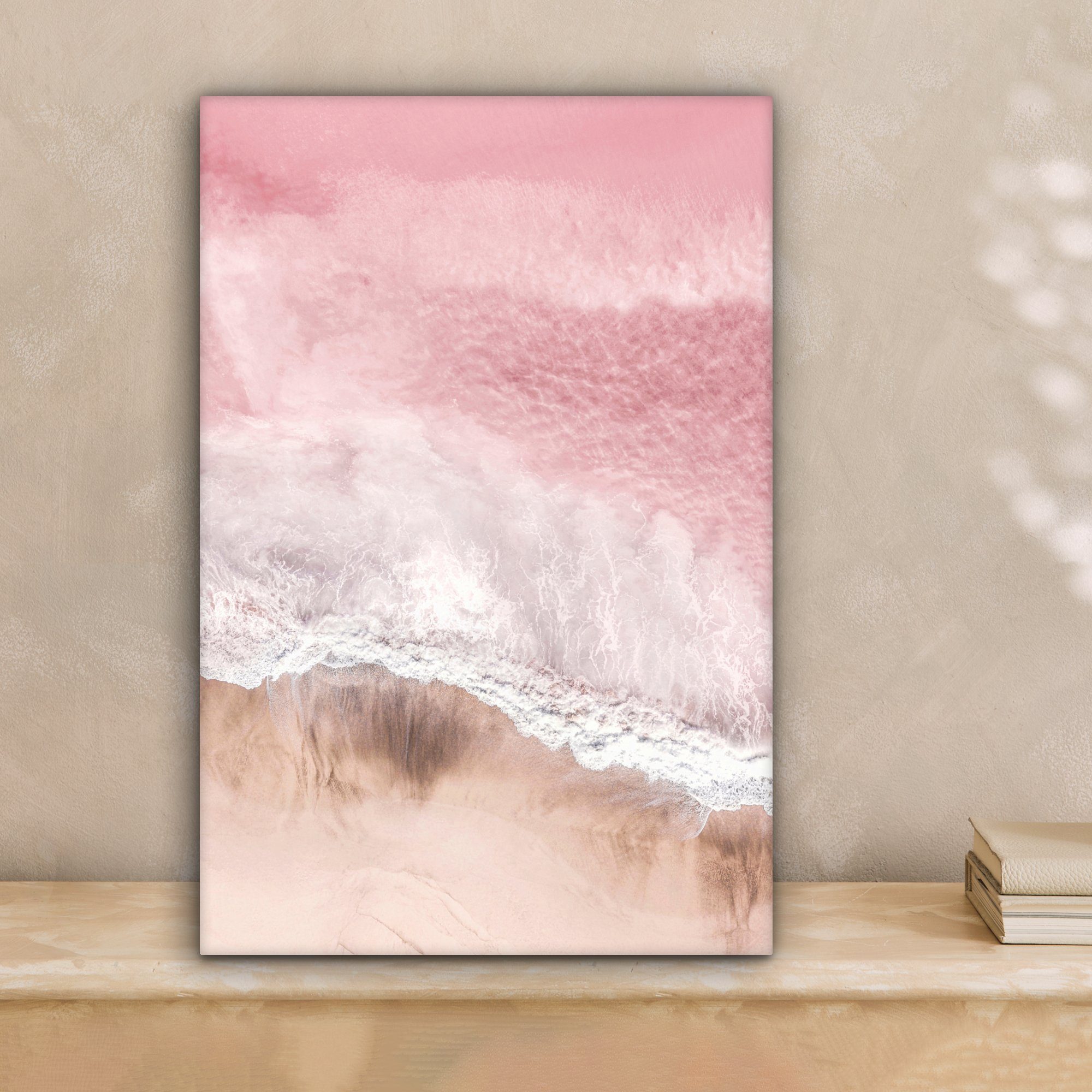 inkl. St), bespannt Leinwandbild cm Leinwandbild - Meer Strand 20x30 Zackenaufhänger, - - Gemälde, Natur, fertig OneMillionCanvasses® (1 Rosa