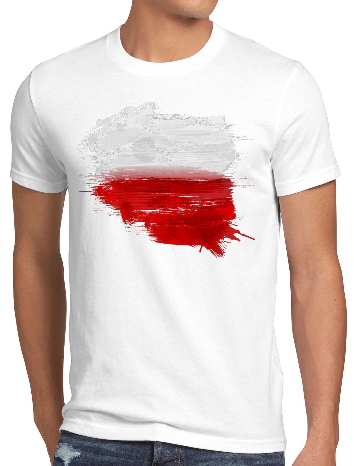 Sport Fahne Herren Fußball weiß style3 Polska EM Print-Shirt Flagge WM T-Shirt Polen